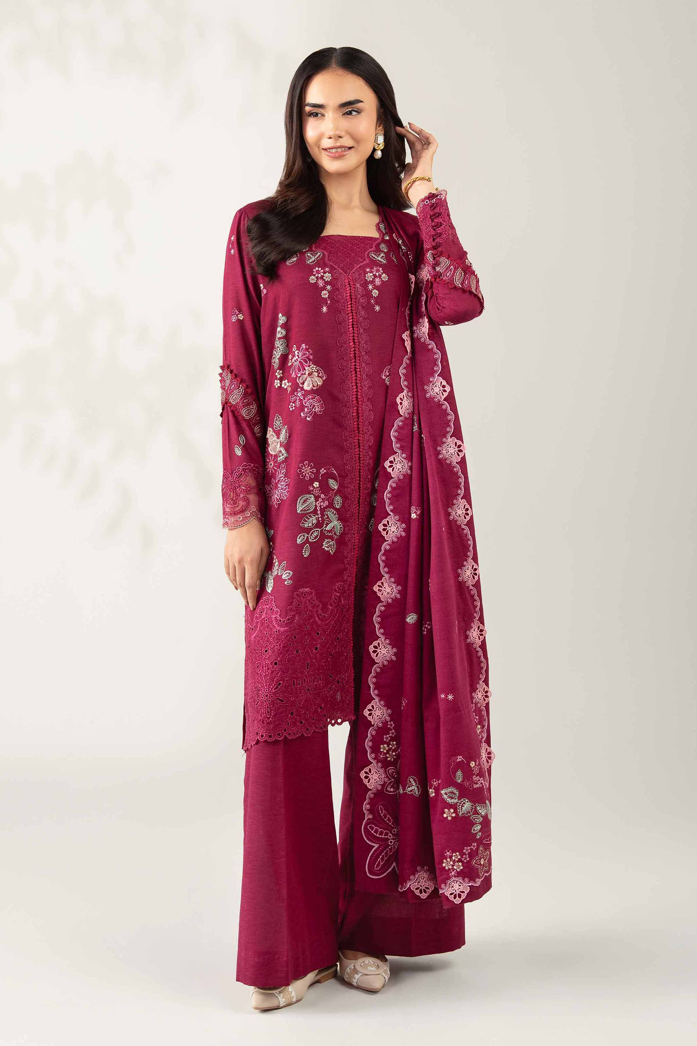 NISHATUAE - Burgundy Embroidered Karandi 3-piece Unstitched Suit