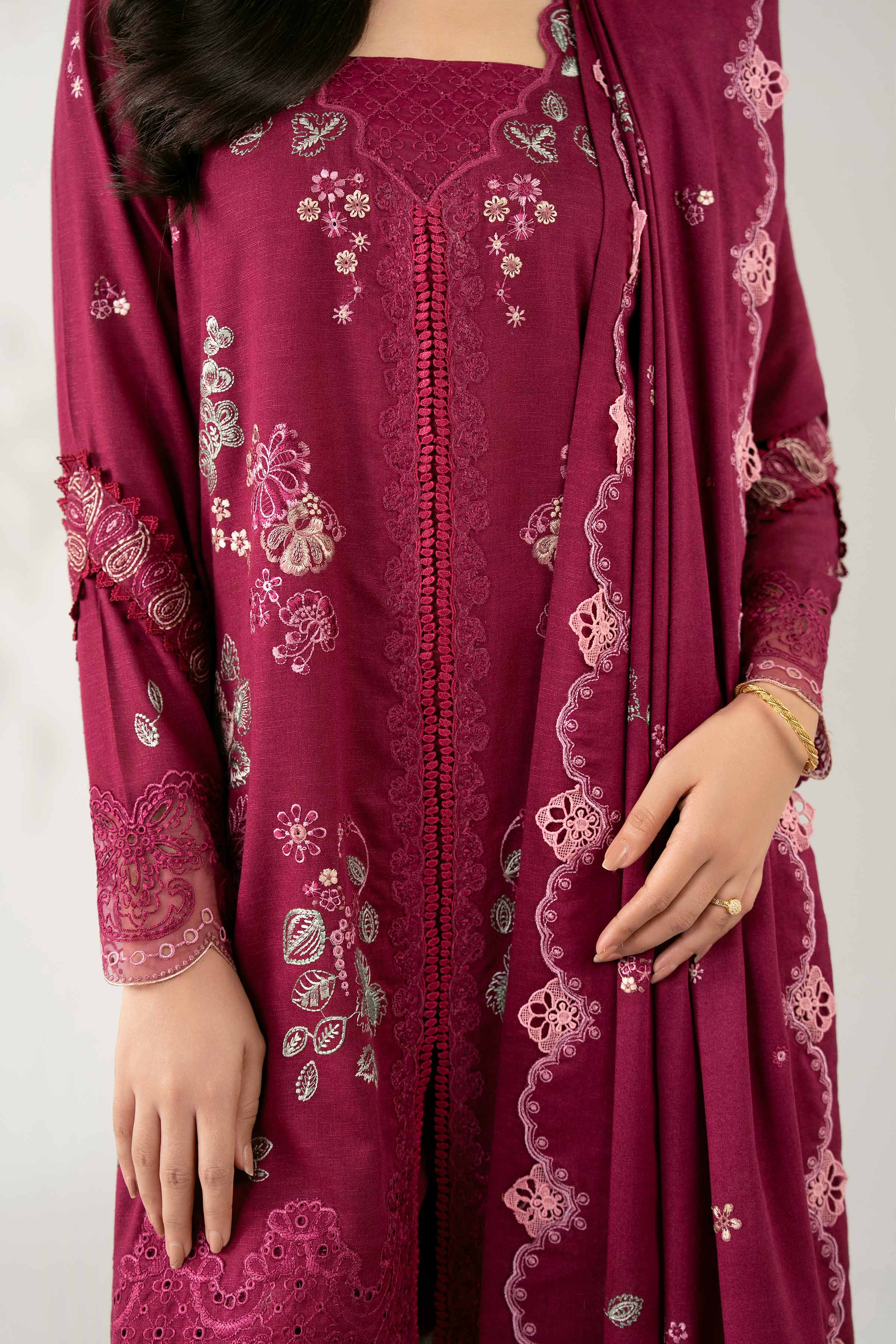 NISHATUAE - Burgundy Embroidered Karandi 3-piece Unstitched Suit