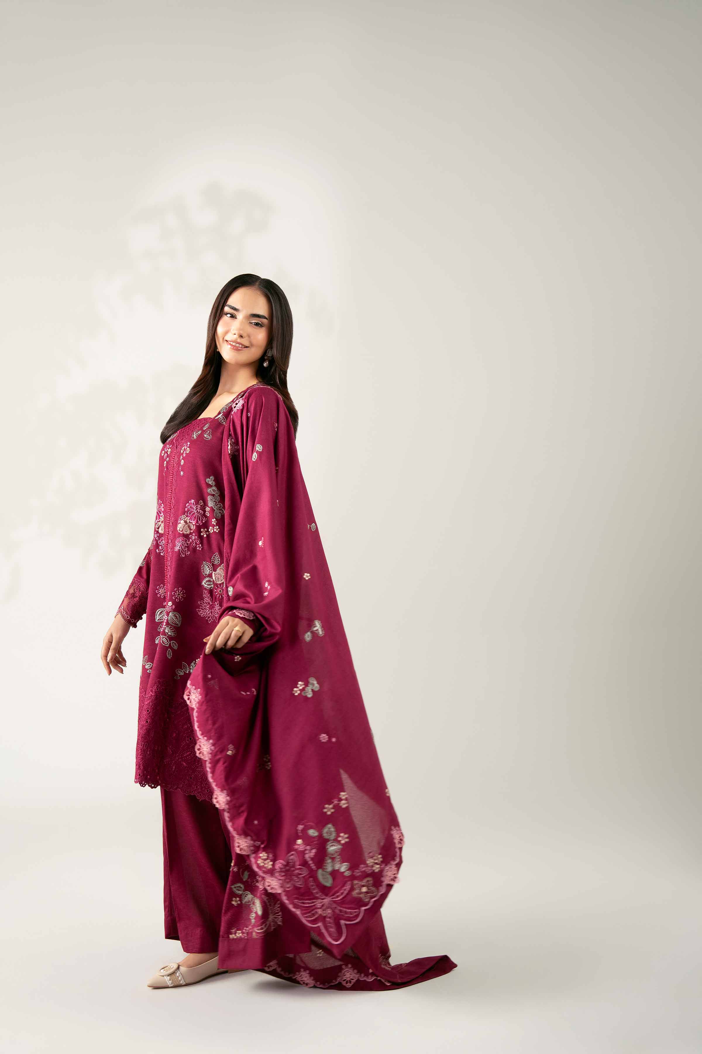NISHATUAE - Burgundy Embroidered Karandi 3-piece Unstitched Suit