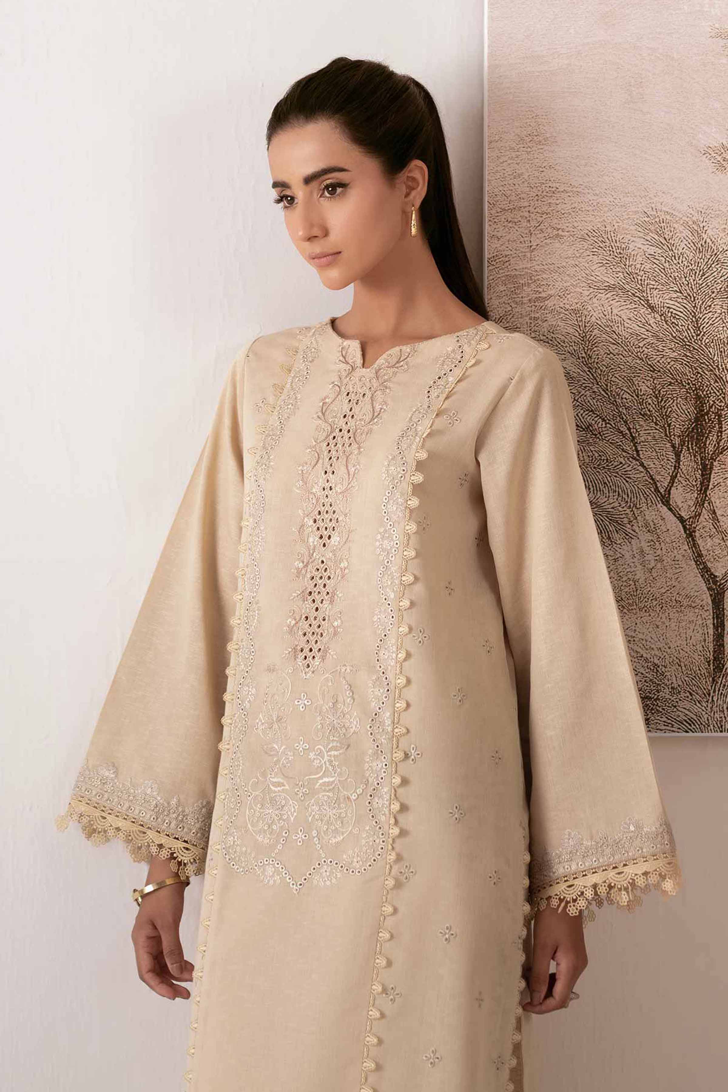 NISHATUAE - Beige Embroidered Karandi 2-piece Unstitched Dress