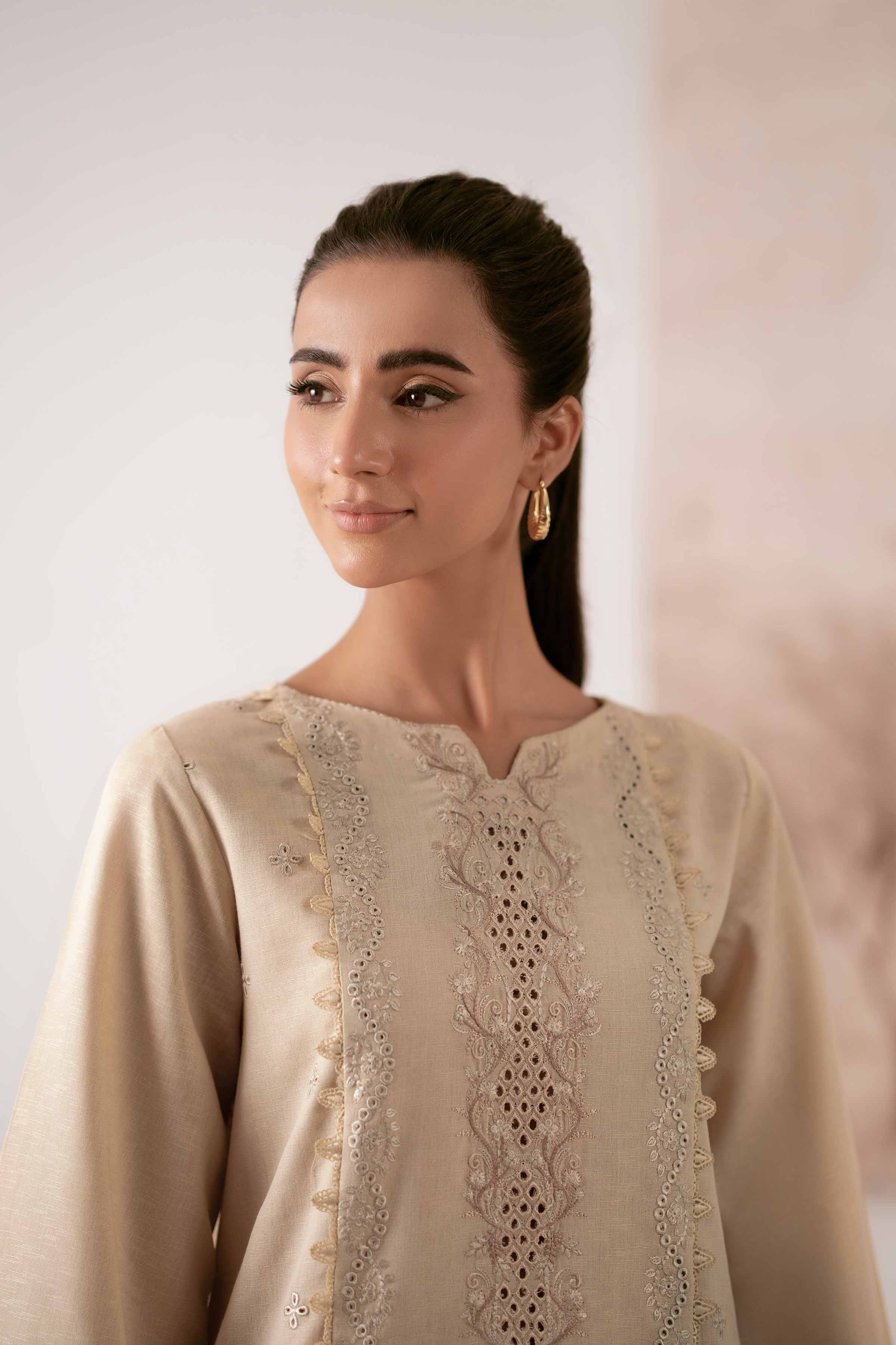 NISHATUAE - Beige Embroidered Karandi 2-piece Unstitched Dress
