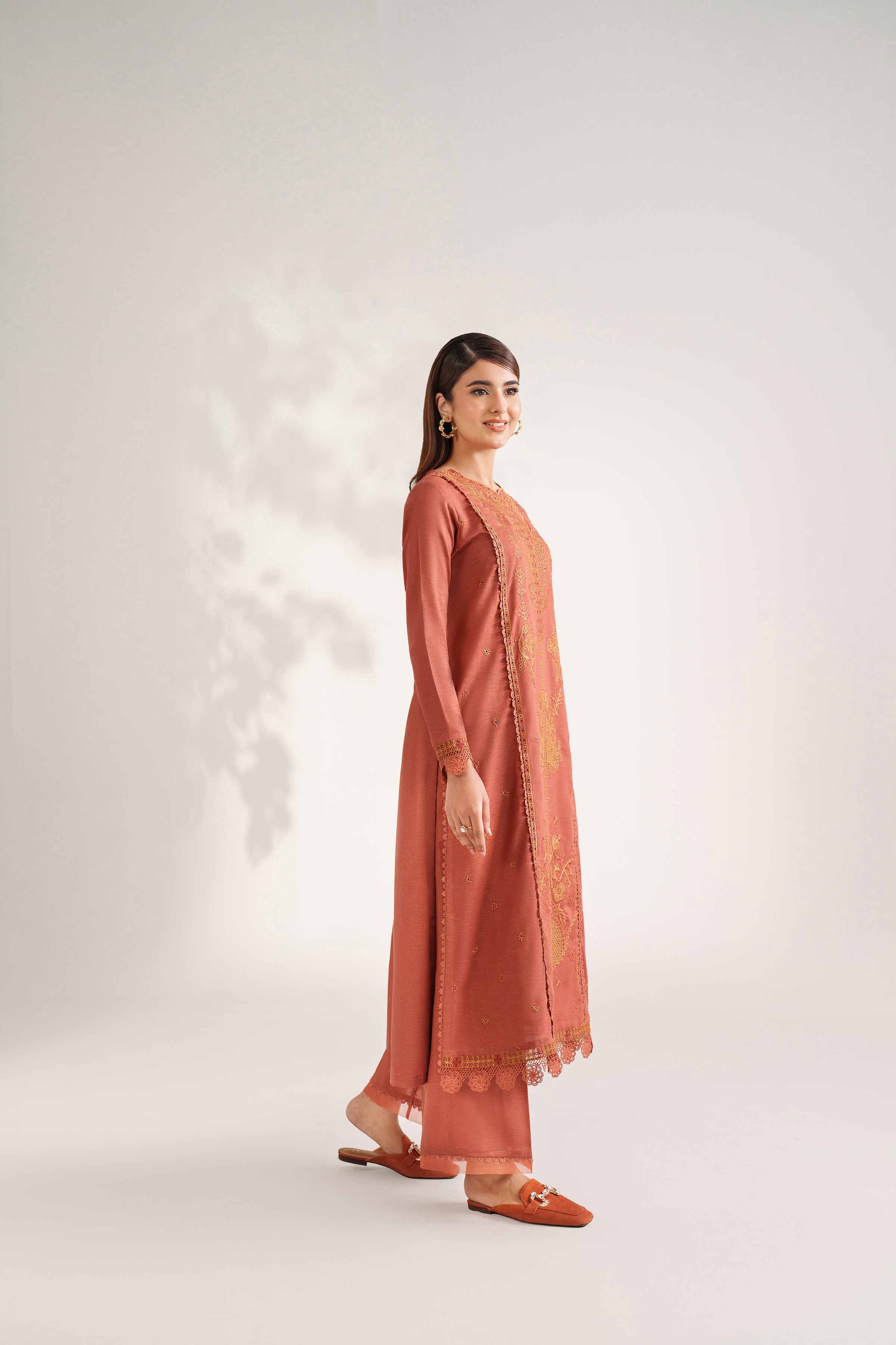 NISHATUAE - Rust Embroidered Karandi 2-piece Unstitched Dress