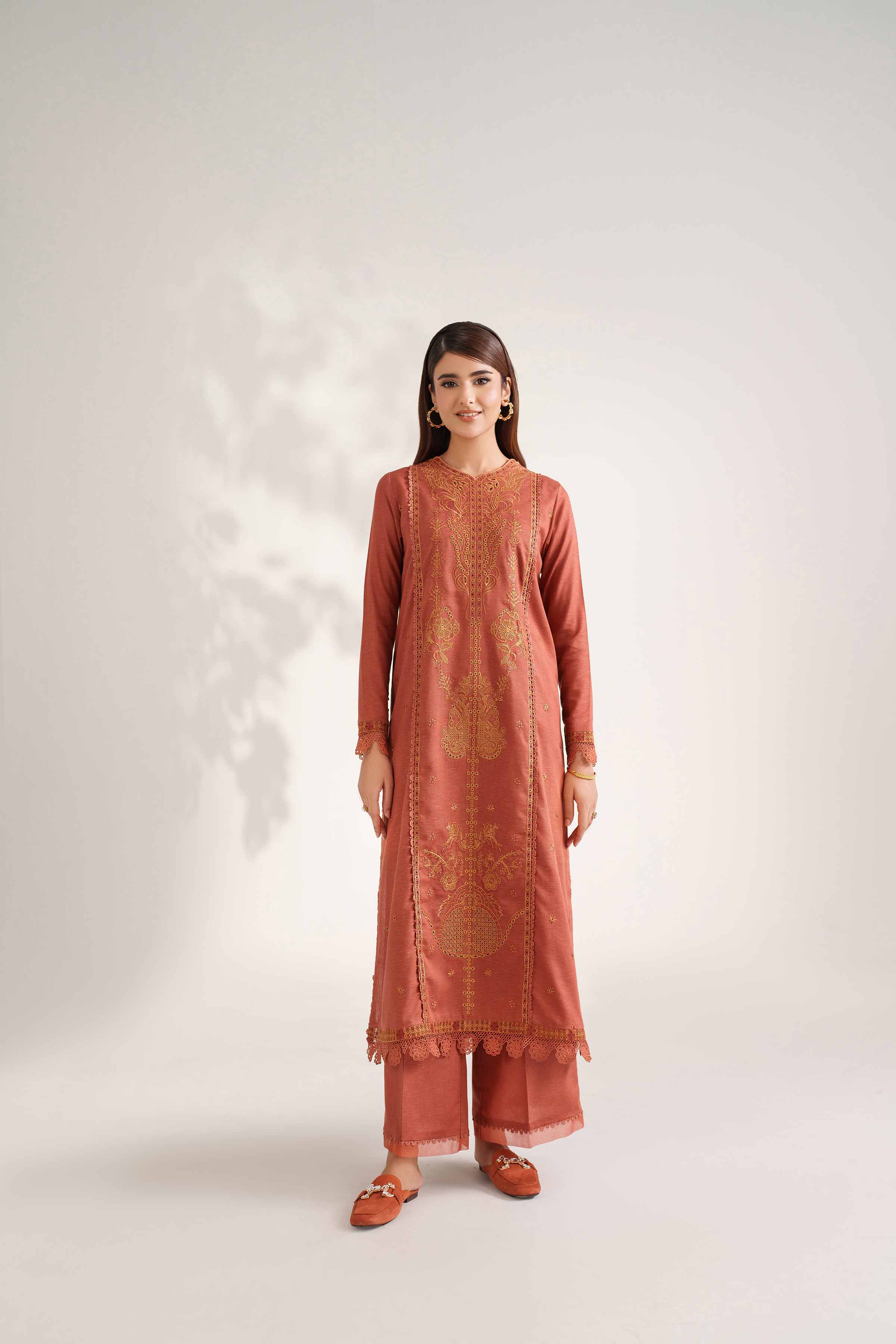 NISHATUAE - Rust Embroidered Karandi 2-piece Unstitched Dress