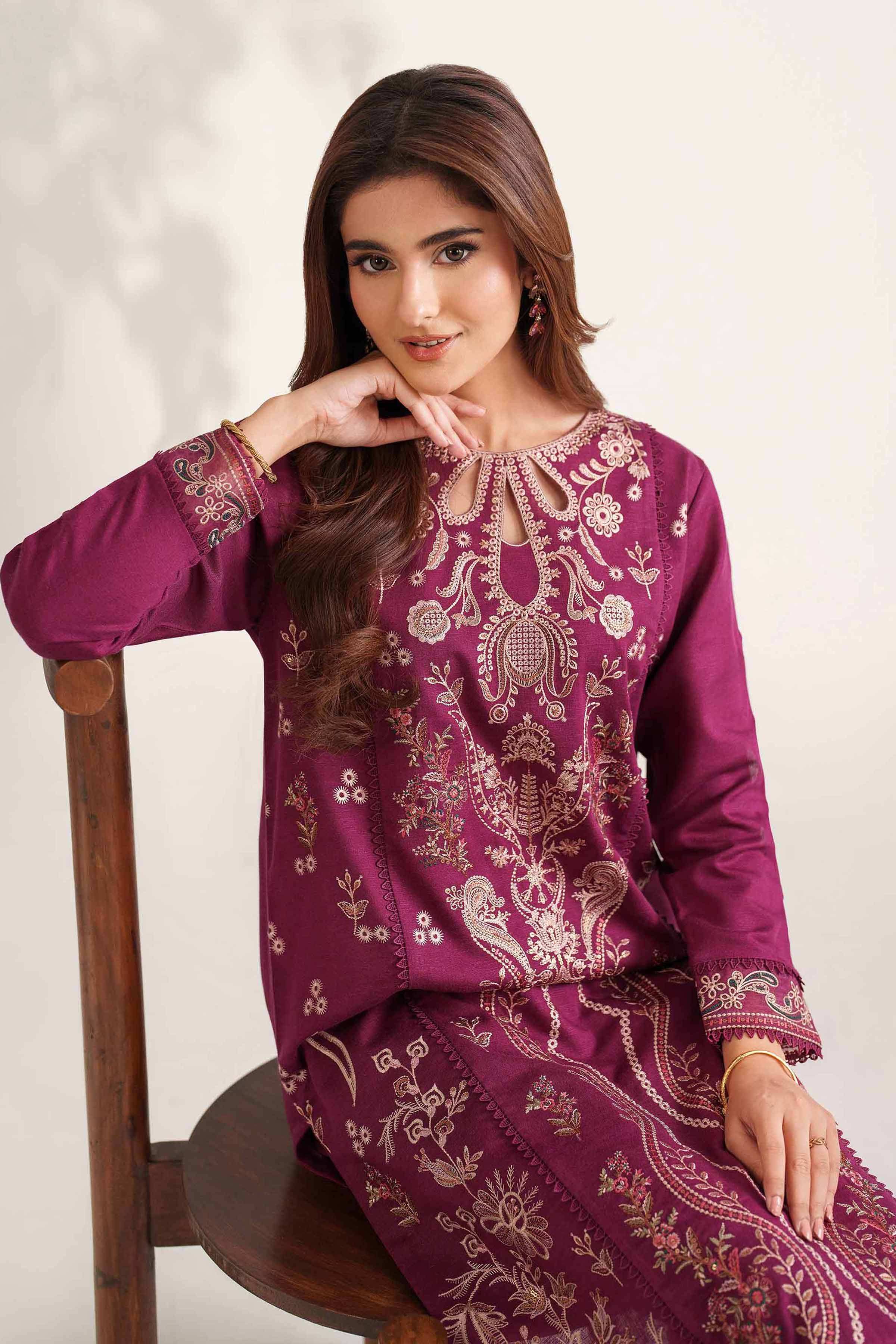 NISHATUAE - Maroon Embroidered Karandi 2-piece Unstitched Dress