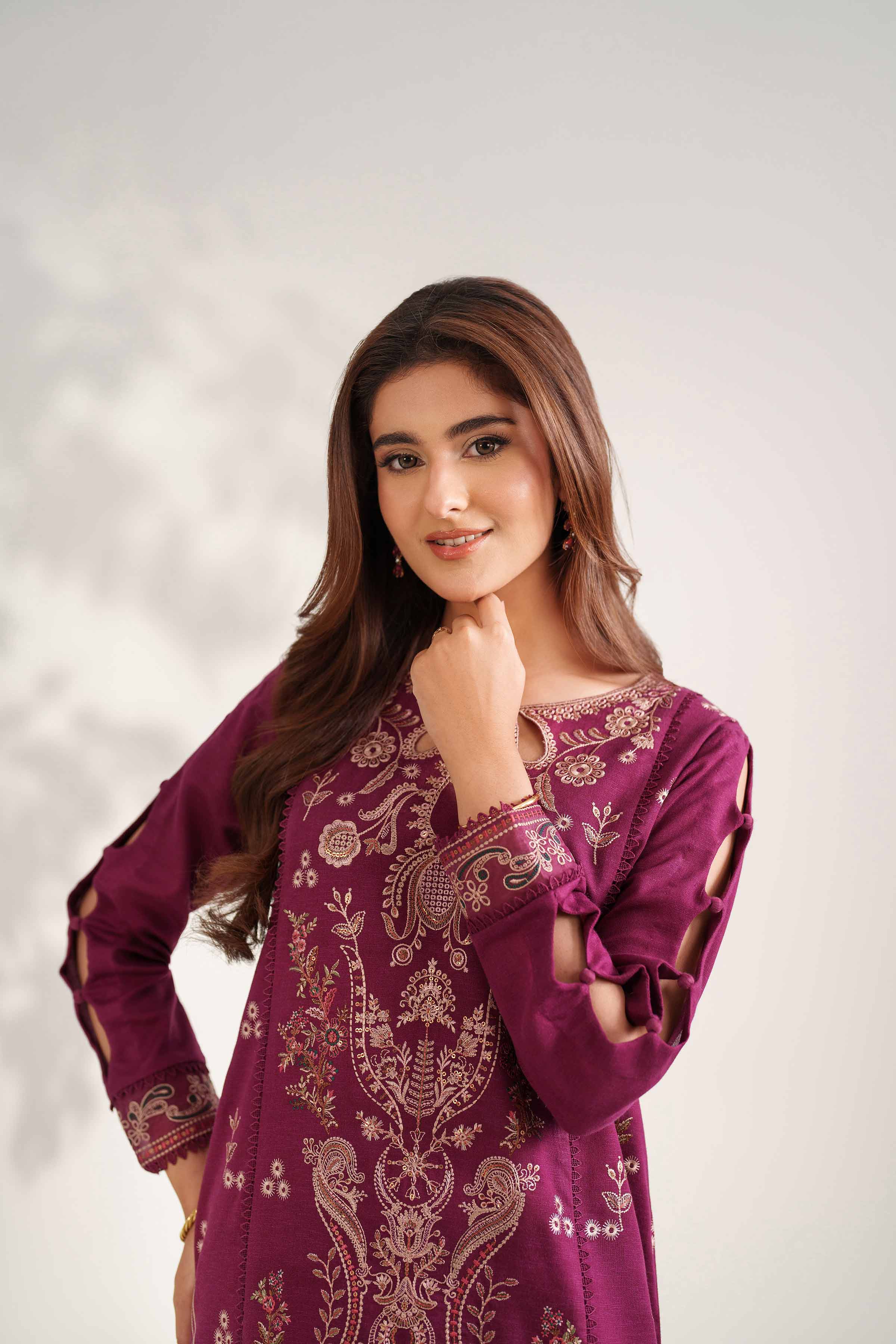 NISHATUAE - Maroon Embroidered Karandi 2-piece Unstitched Dress