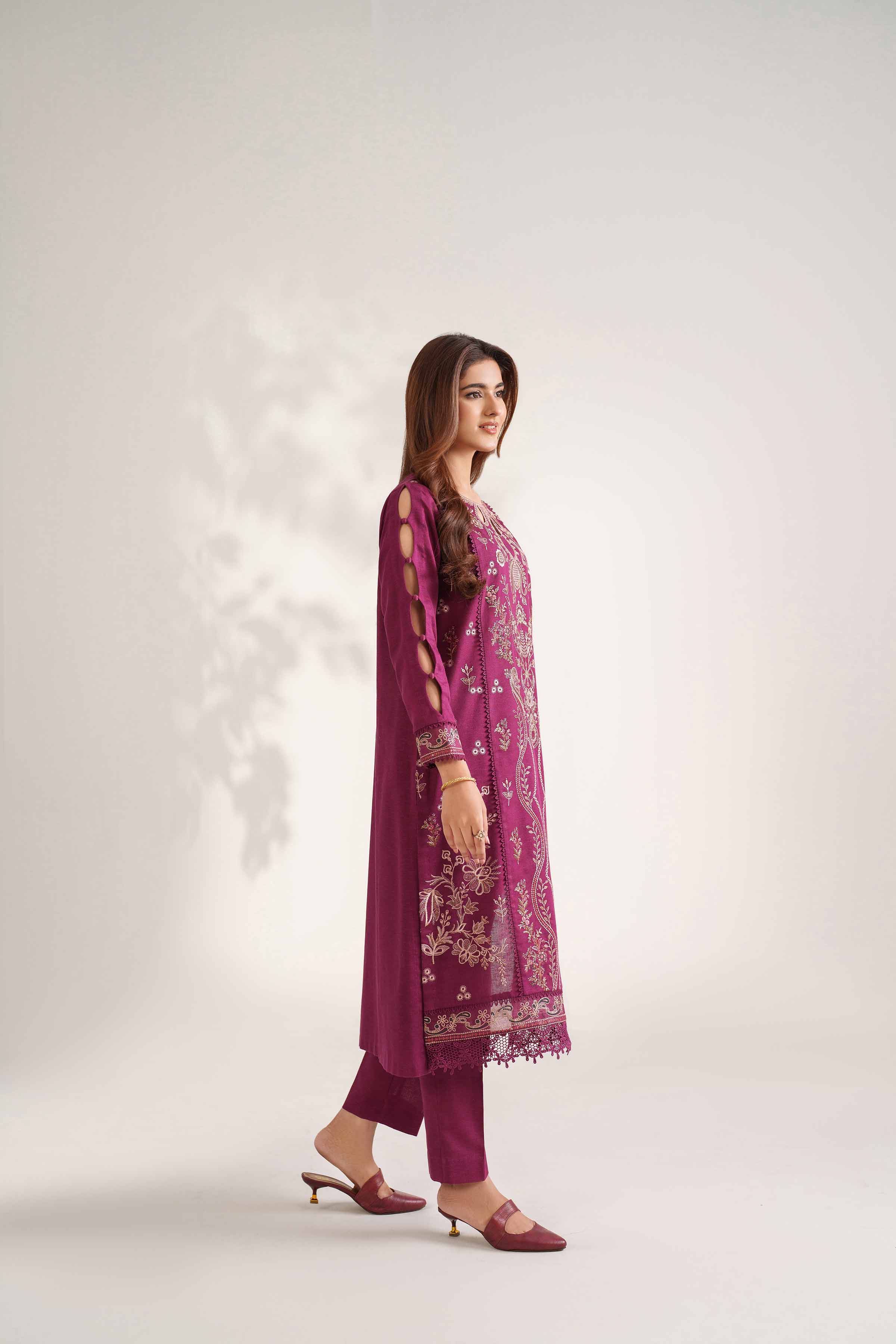 NISHATUAE - Maroon Embroidered Karandi 2-piece Unstitched Dress