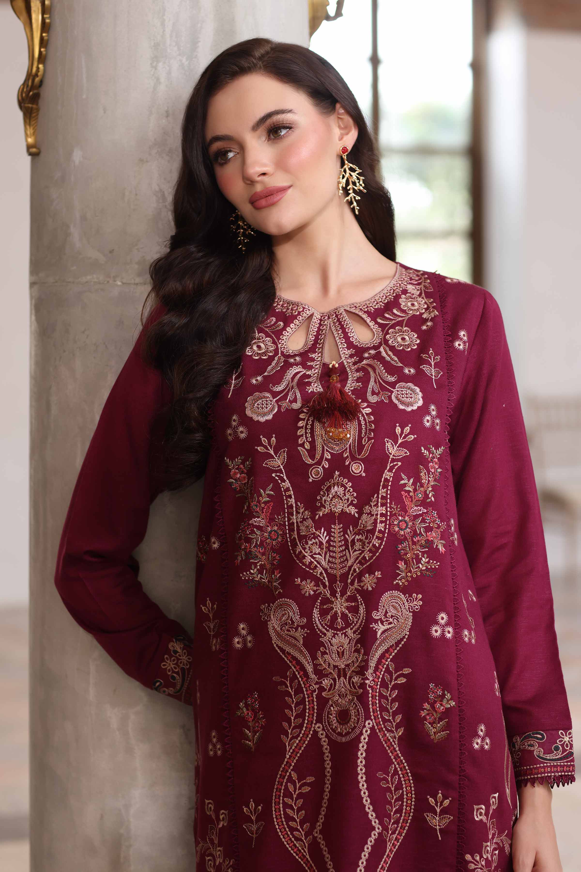 NISHATUAE - Maroon Embroidered Karandi 2-piece Unstitched Dress