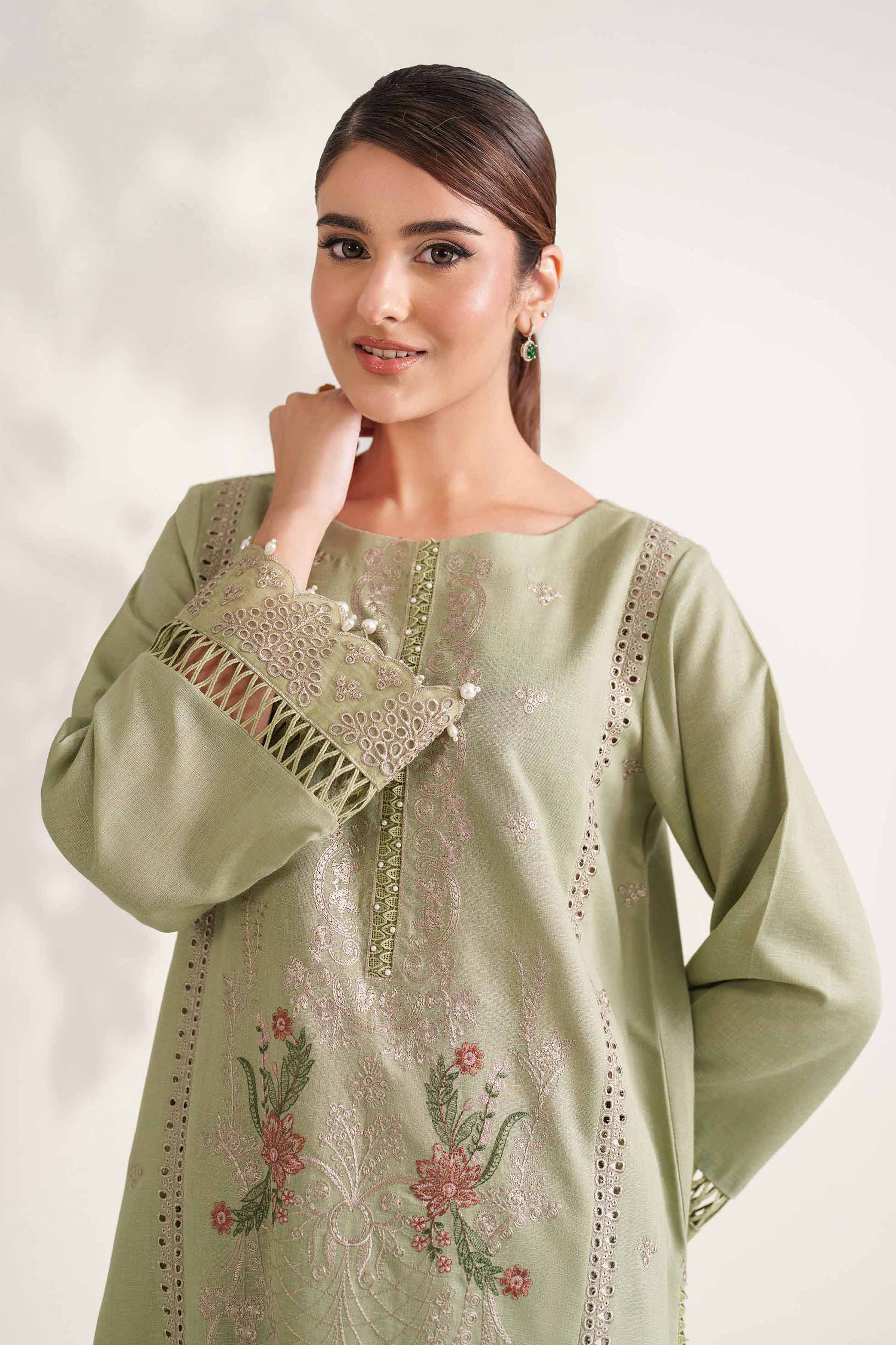 NISHATUAE - Green Embroidered Karandi 2-piece Unstitched Dress