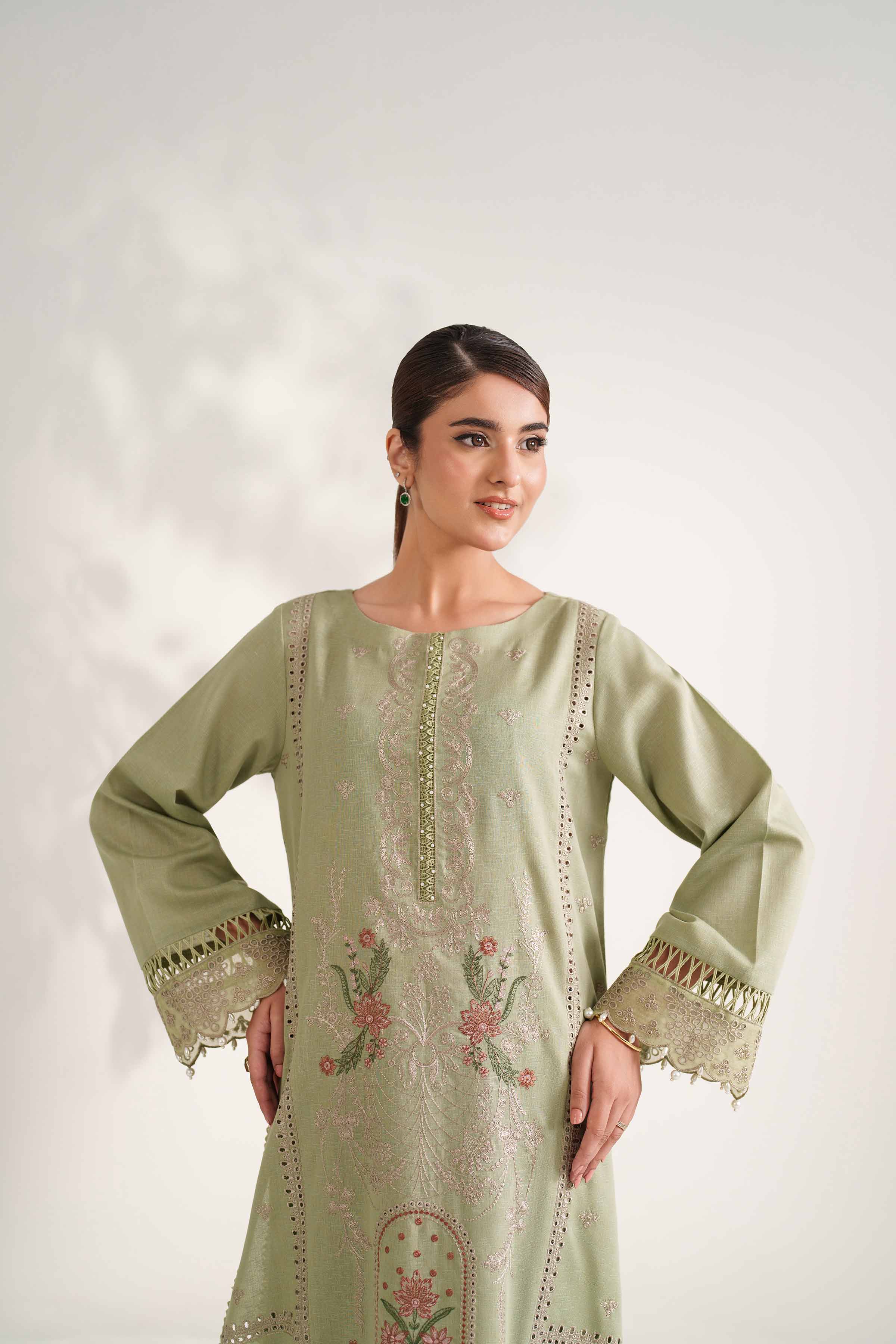 NISHATUAE - Green Embroidered Karandi 2-piece Unstitched Dress