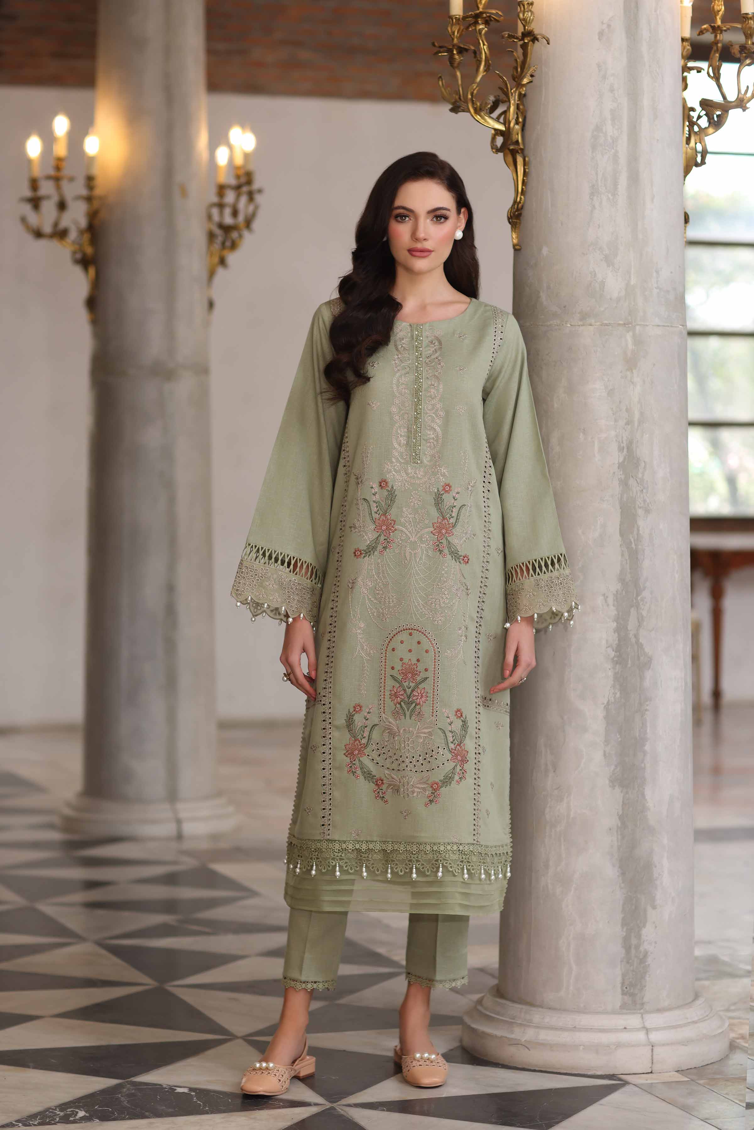 NISHATUAE - Green Embroidered Karandi 2-piece Unstitched Dress