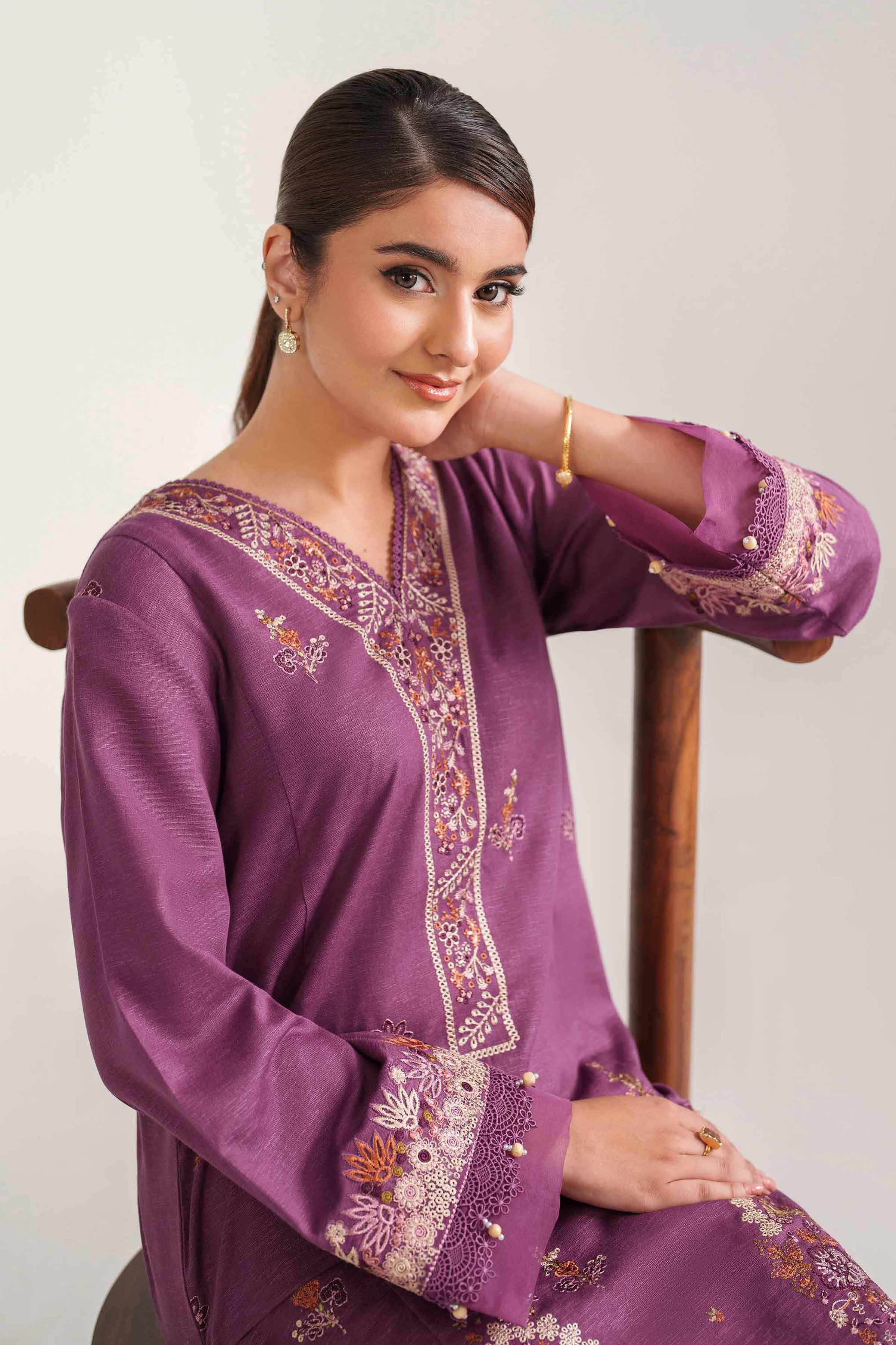 NISHATUAE - Purple Embroidered Karandi 2-piece Unstitched Dress