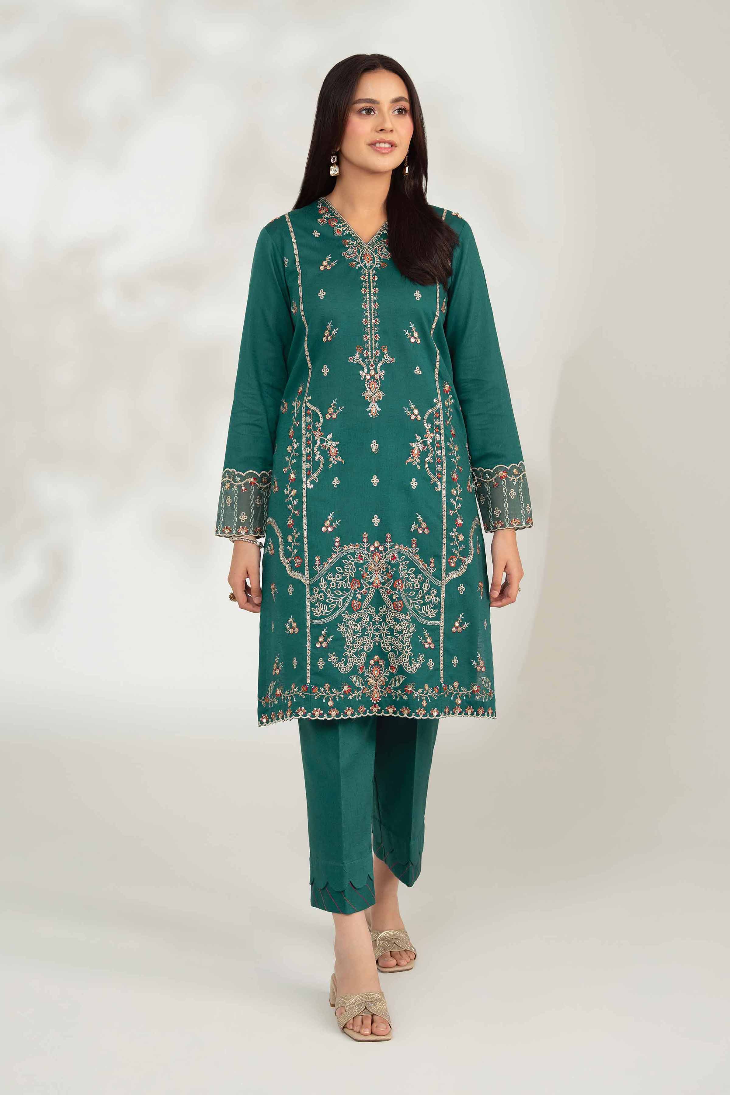NISHATUAE - Green Embroidered Karandi 2-piece Unstitched Dress