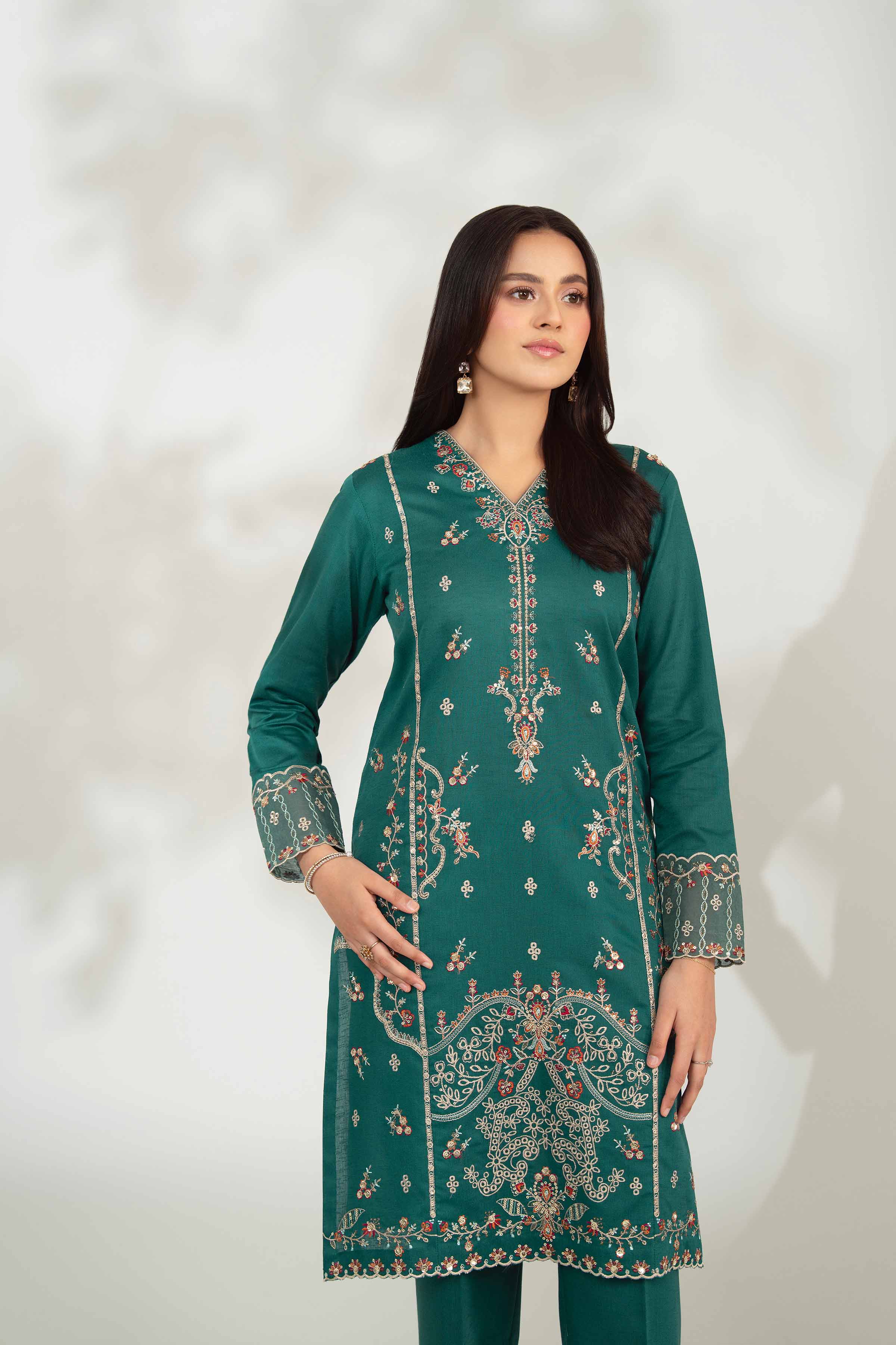NISHATUAE - Green Embroidered Karandi 2-piece Unstitched Dress