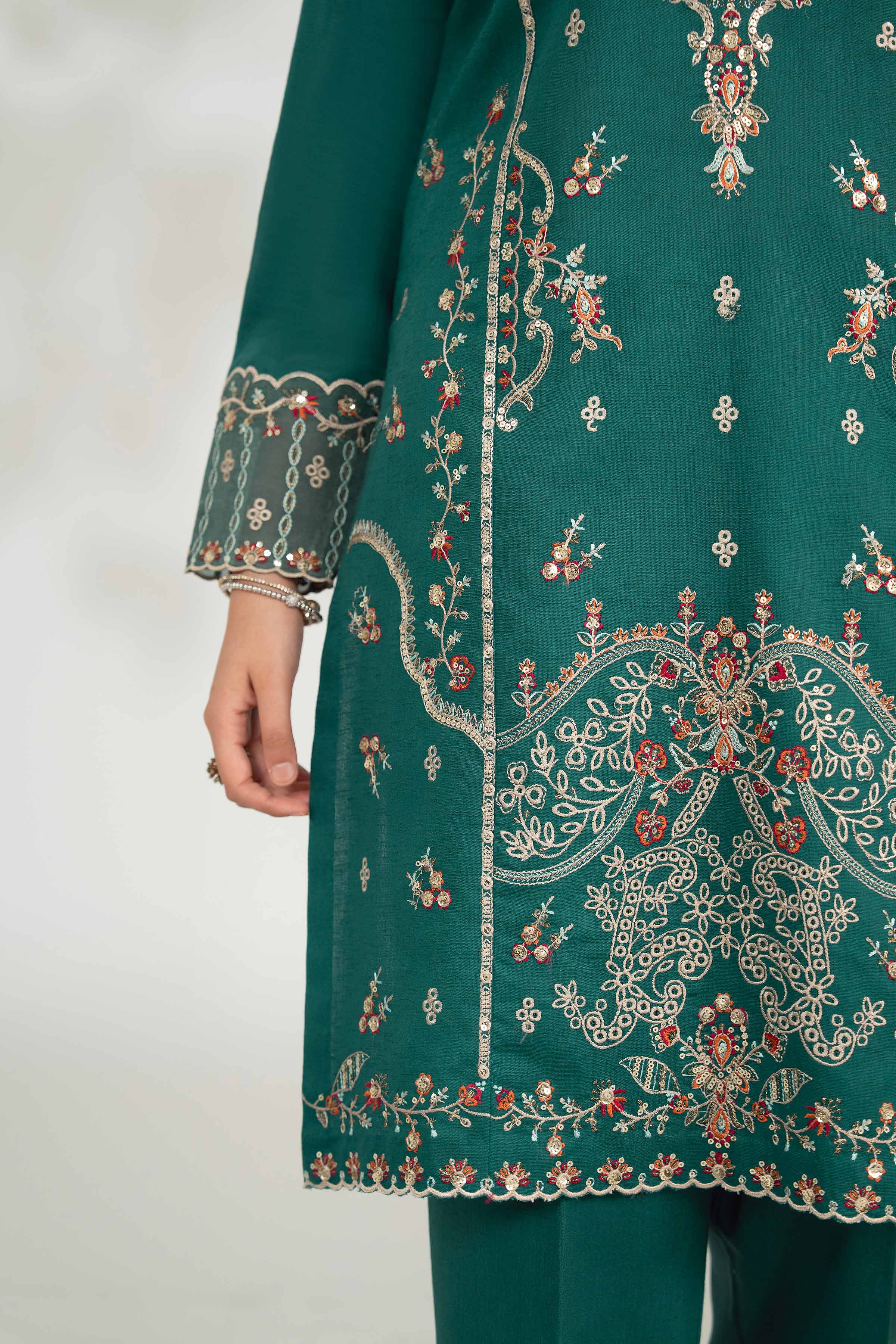 NISHATUAE - Green Embroidered Karandi 2-piece Unstitched Dress