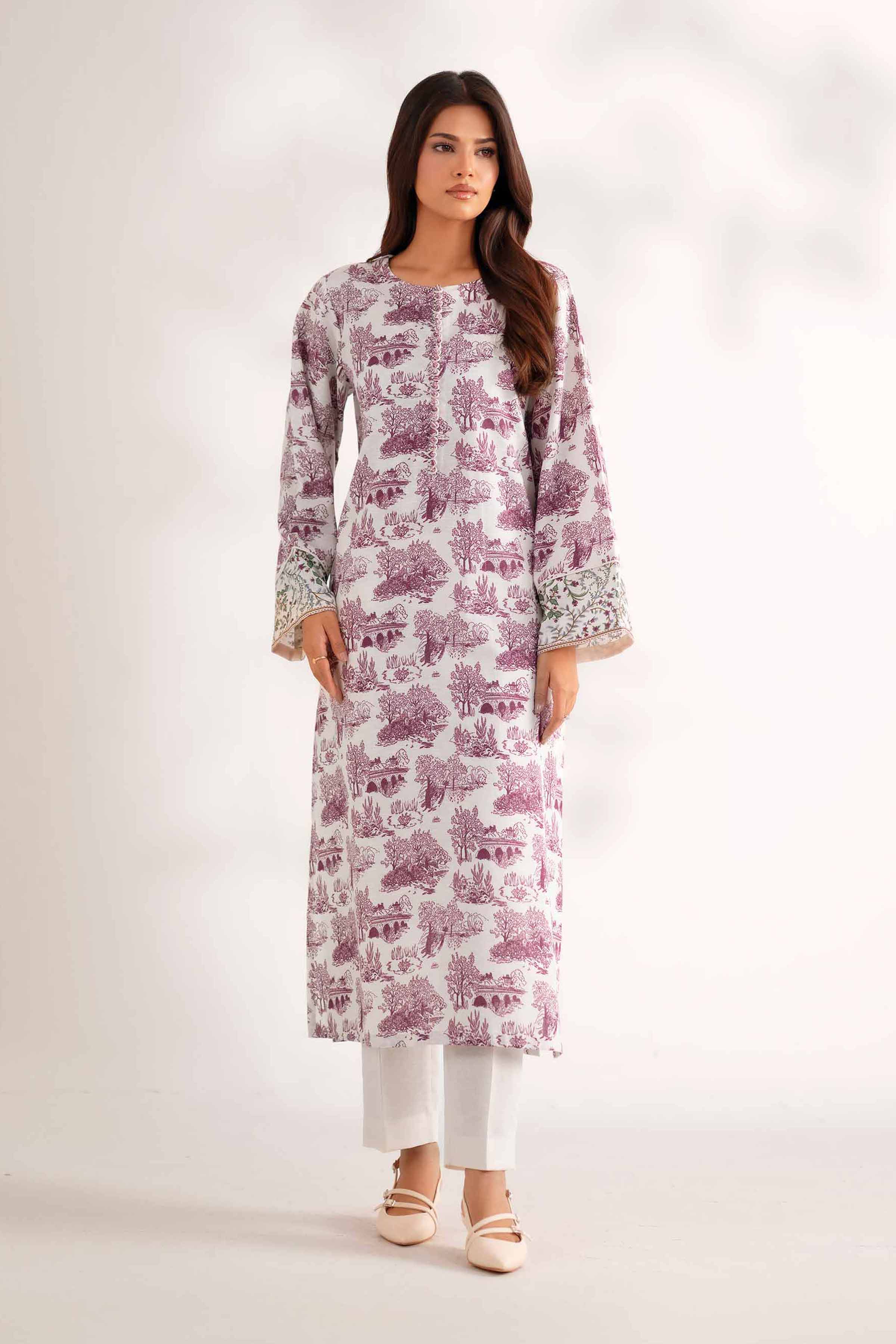 NISHATUAE - Off White Printed Karandi 2-piece Unstitched Dress