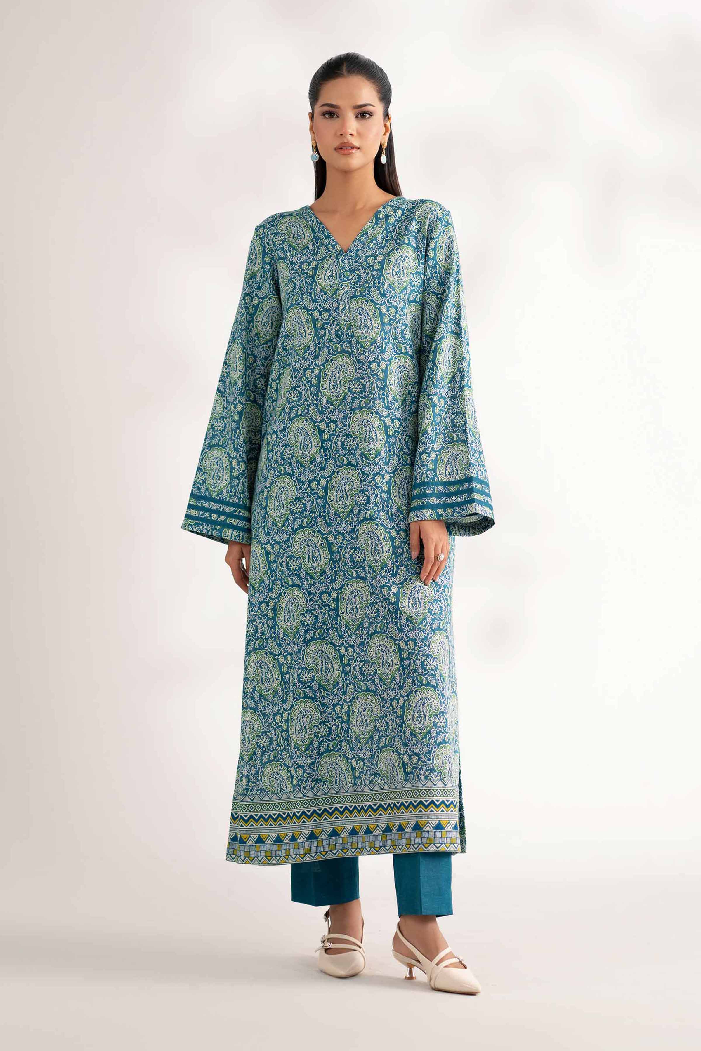 NISHATUAE - Teal Printed Karandi 2-piece Unstitched Dress