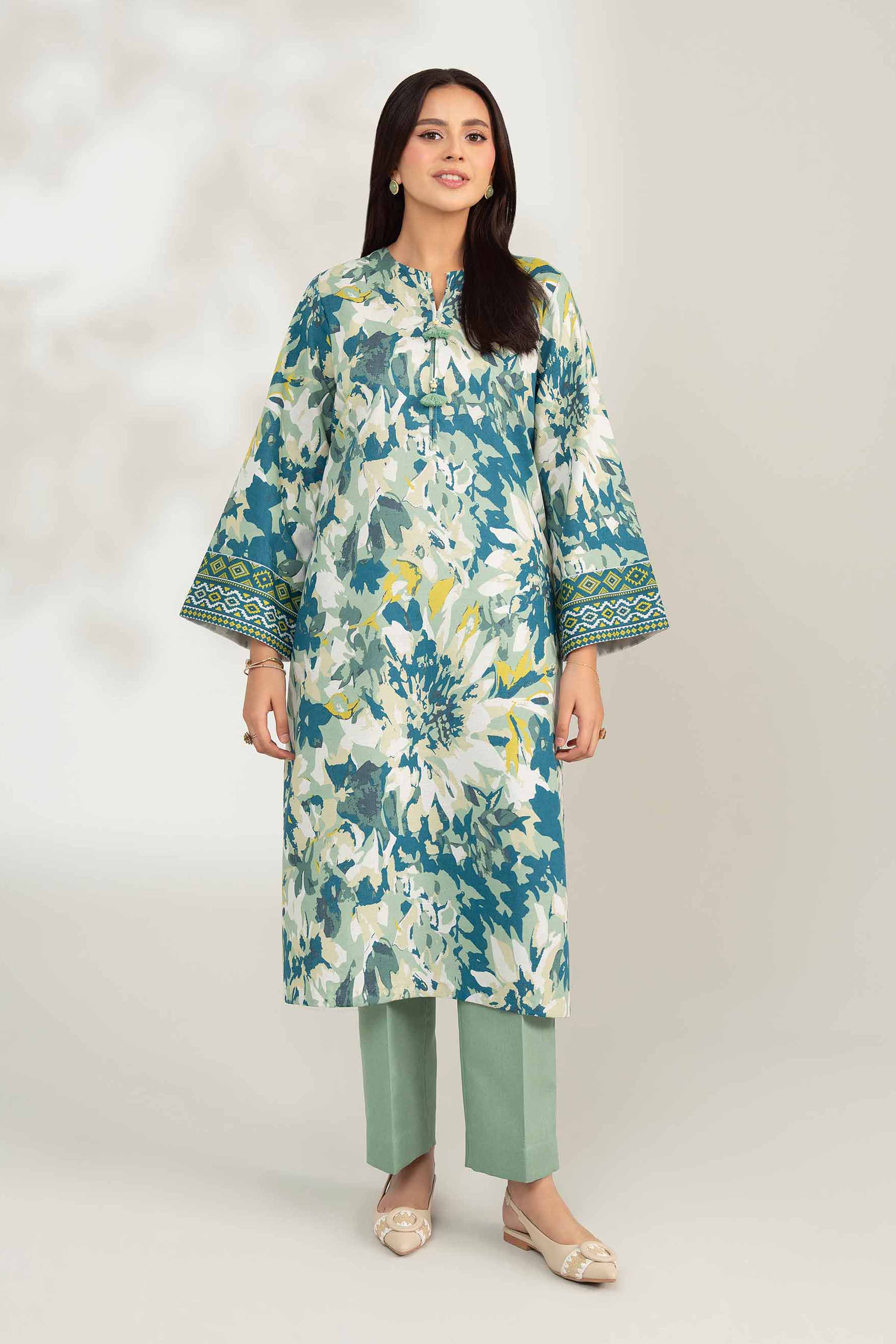 NISHATUAE - Teal & Mint Printed Karandi 2-piece Unstitched Dress
