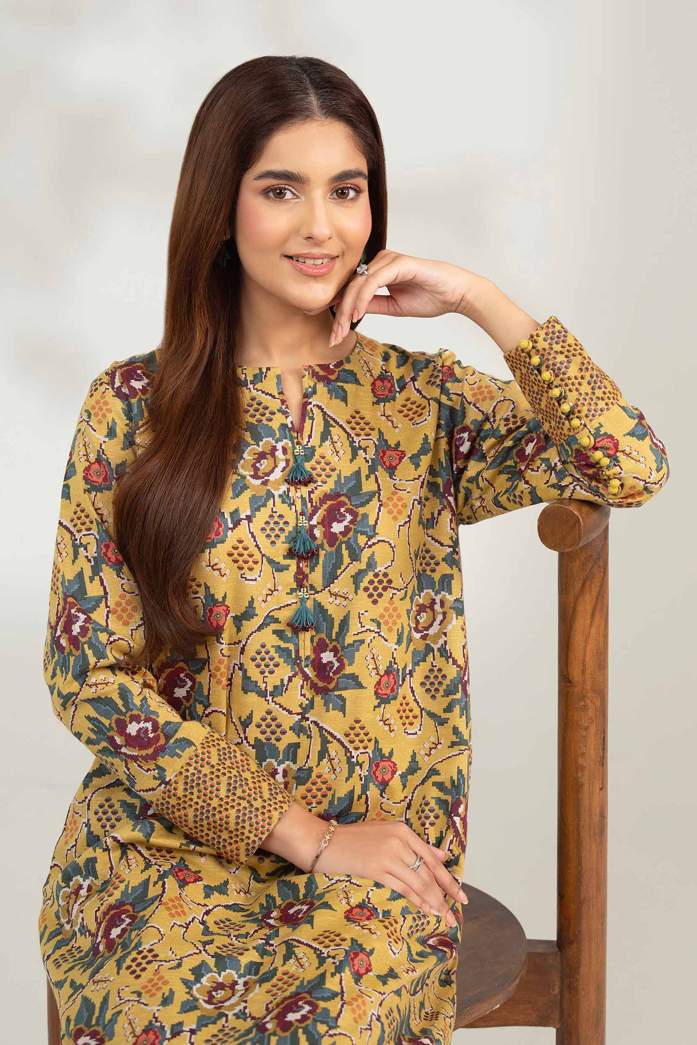 NISHATUAE - Gold Printed Karandi 2-piece Unstitched Dress