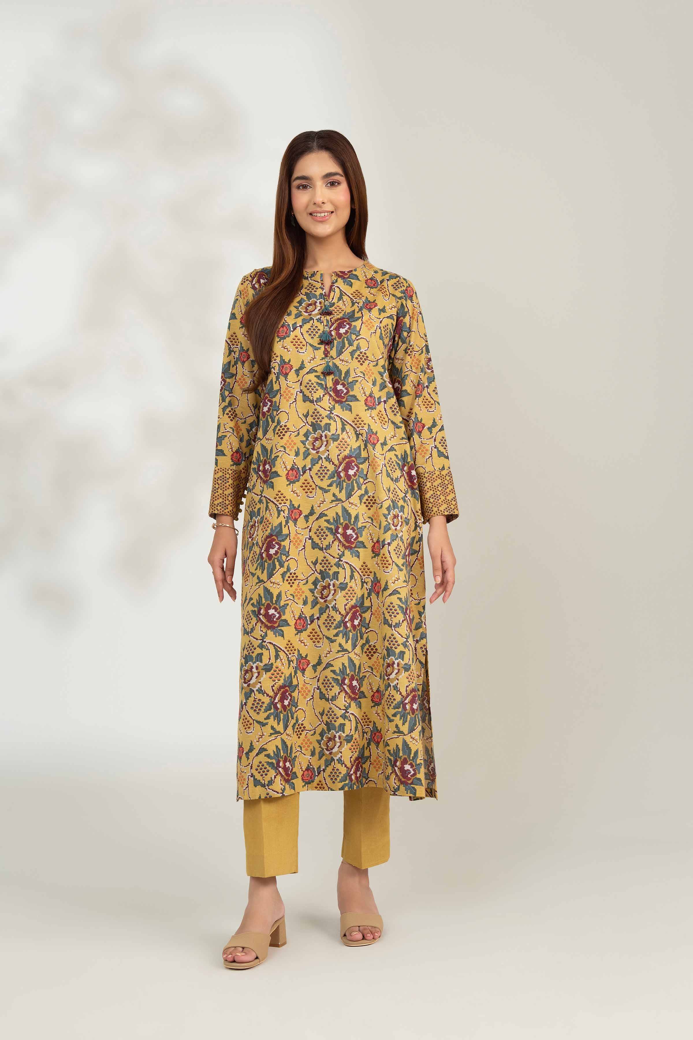 NISHATUAE - Gold Printed Karandi 2-piece Unstitched Dress