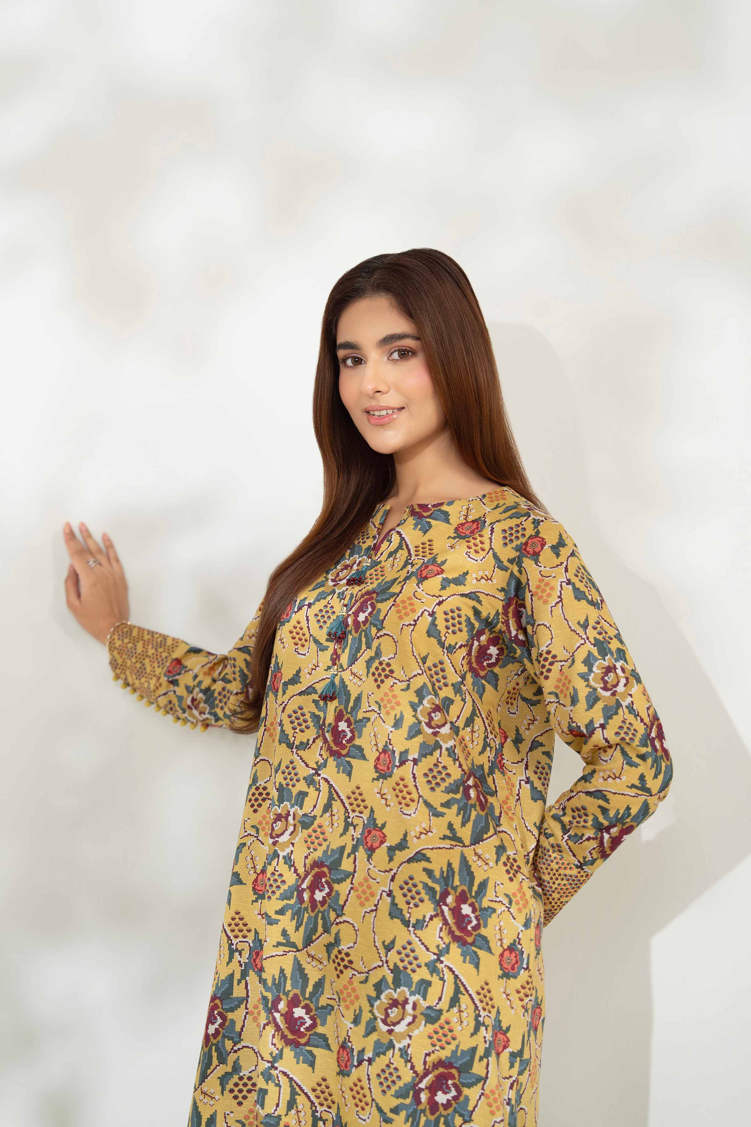 NISHATUAE - Gold Printed Karandi 2-piece Unstitched Dress