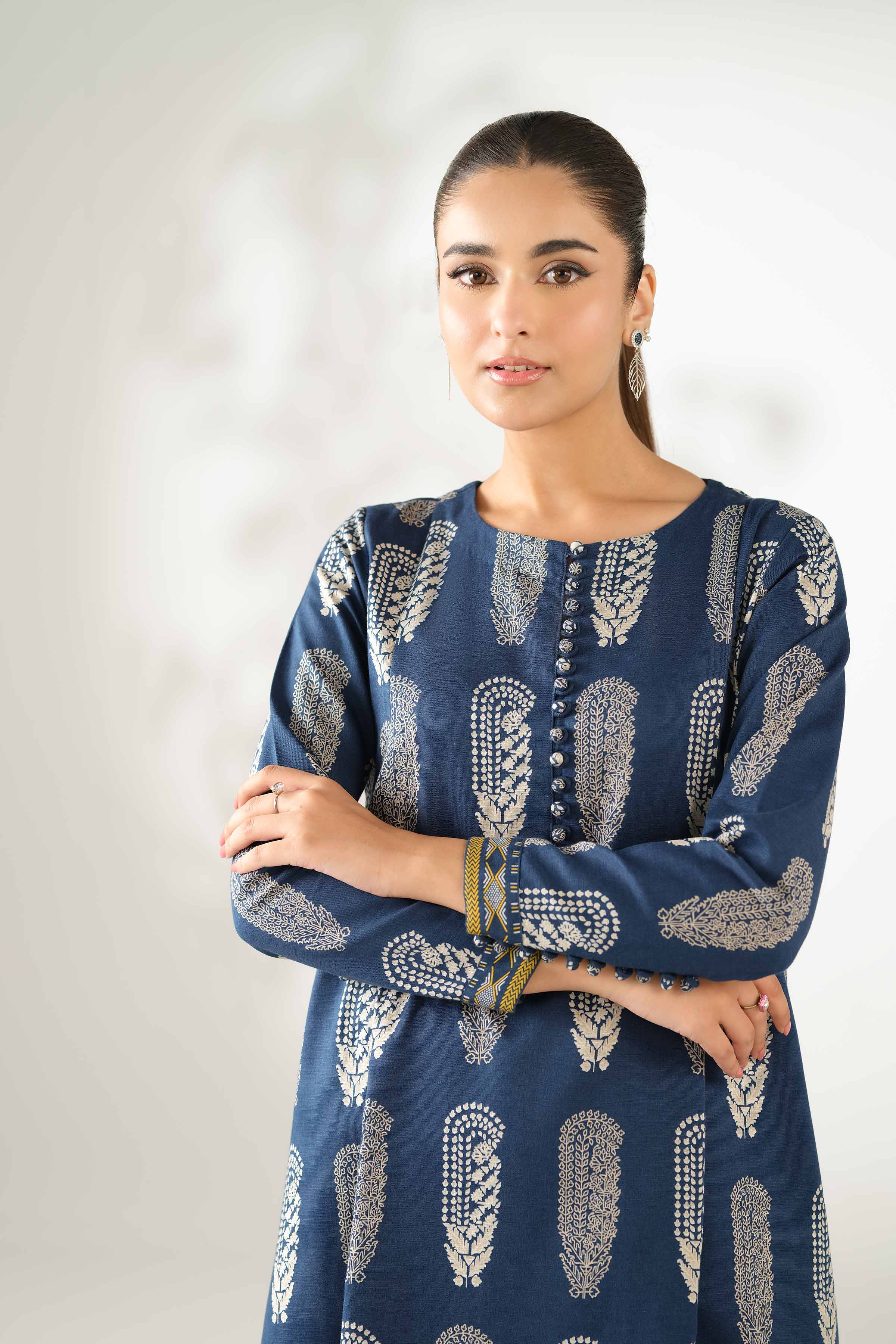 NISHATUAE - Blue Printed Karandi 2-piece Unstitched Dress