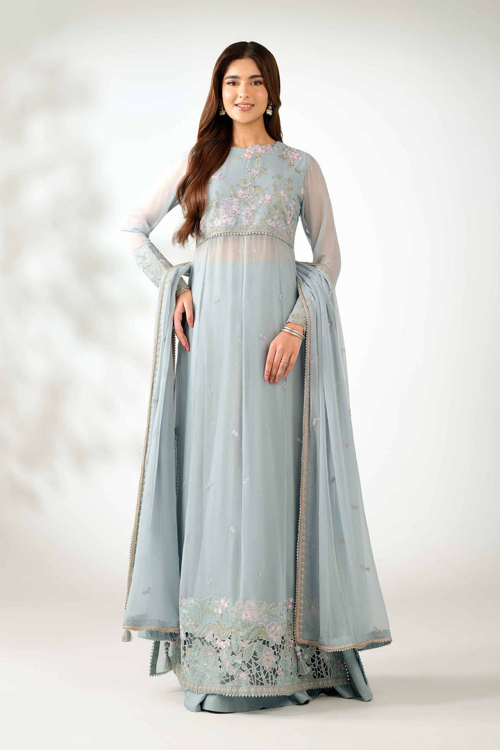 NISHATUAE - Aqua Embroidered Chiffon 3-piece Unstitched Suit