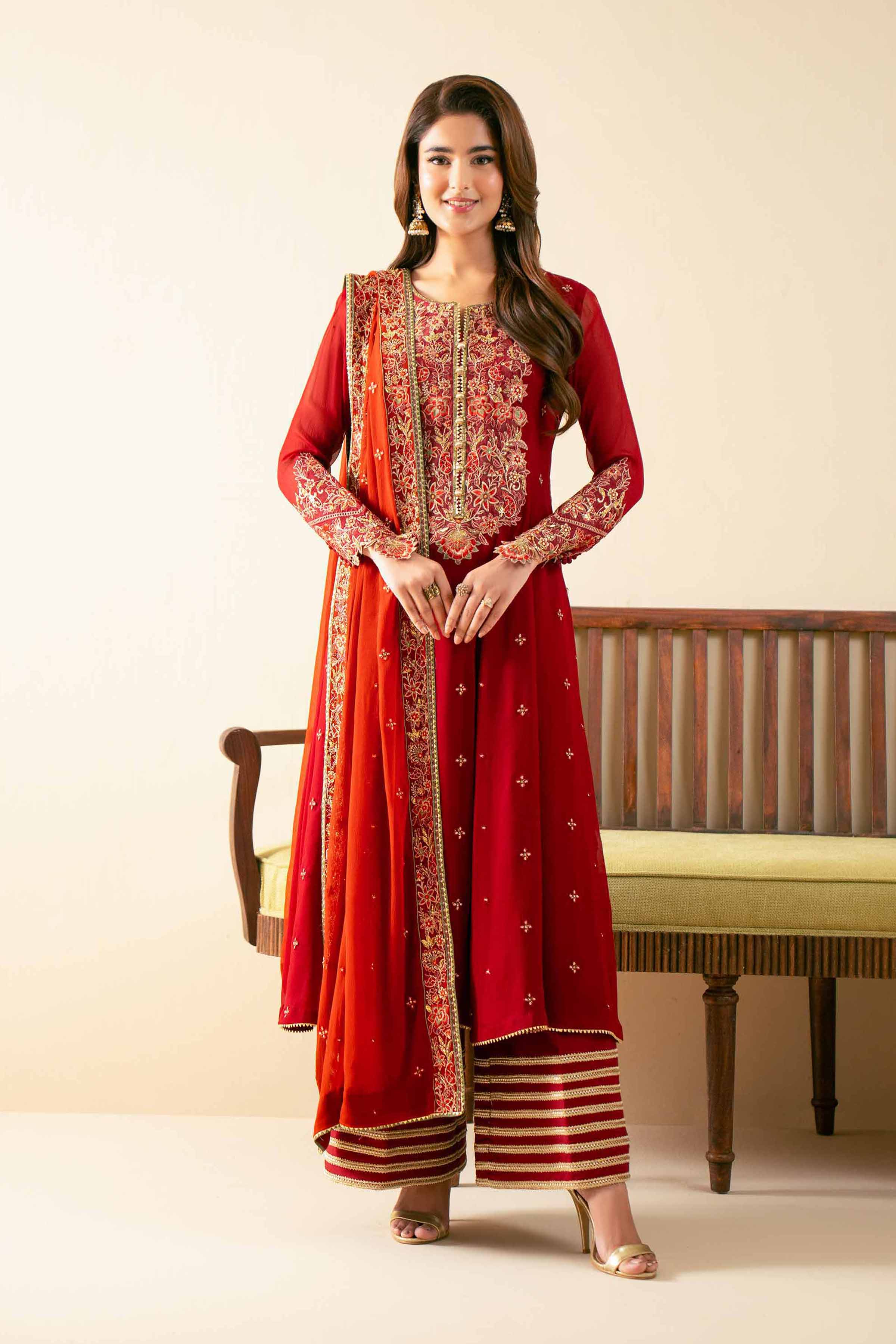 NISHATUAE - Maroon Embroidered Chiffon 3-piece Unstitched Suit
