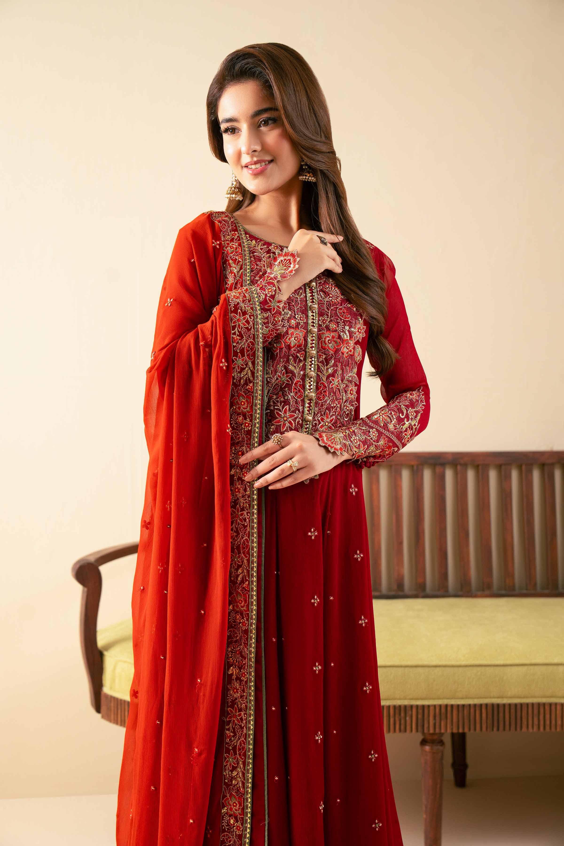 NISHATUAE - Maroon Embroidered Chiffon 3-piece Unstitched Suit