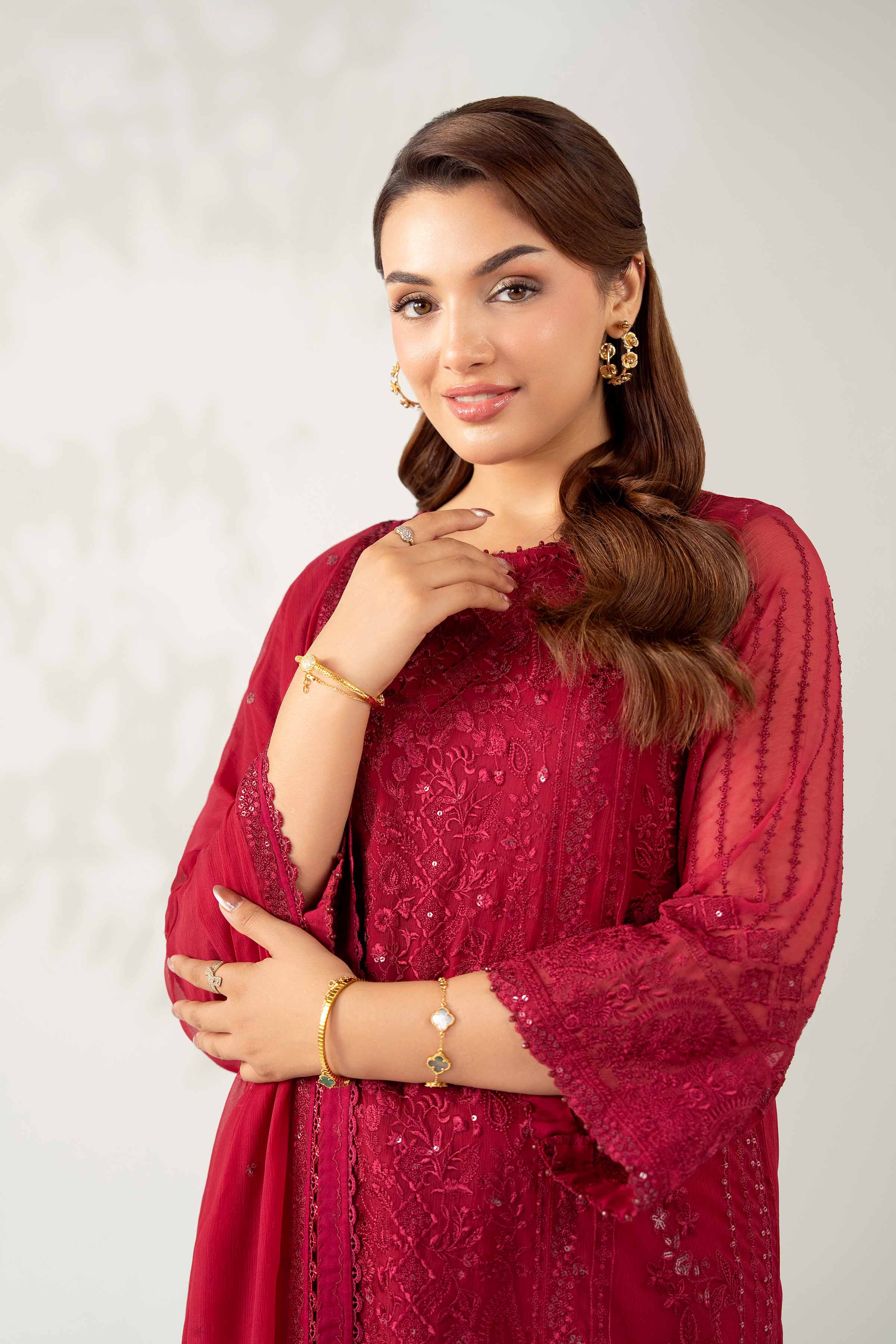 NISHATUAE - Burgundy Embroidered Chiffon 3-piece Unstitched Suit