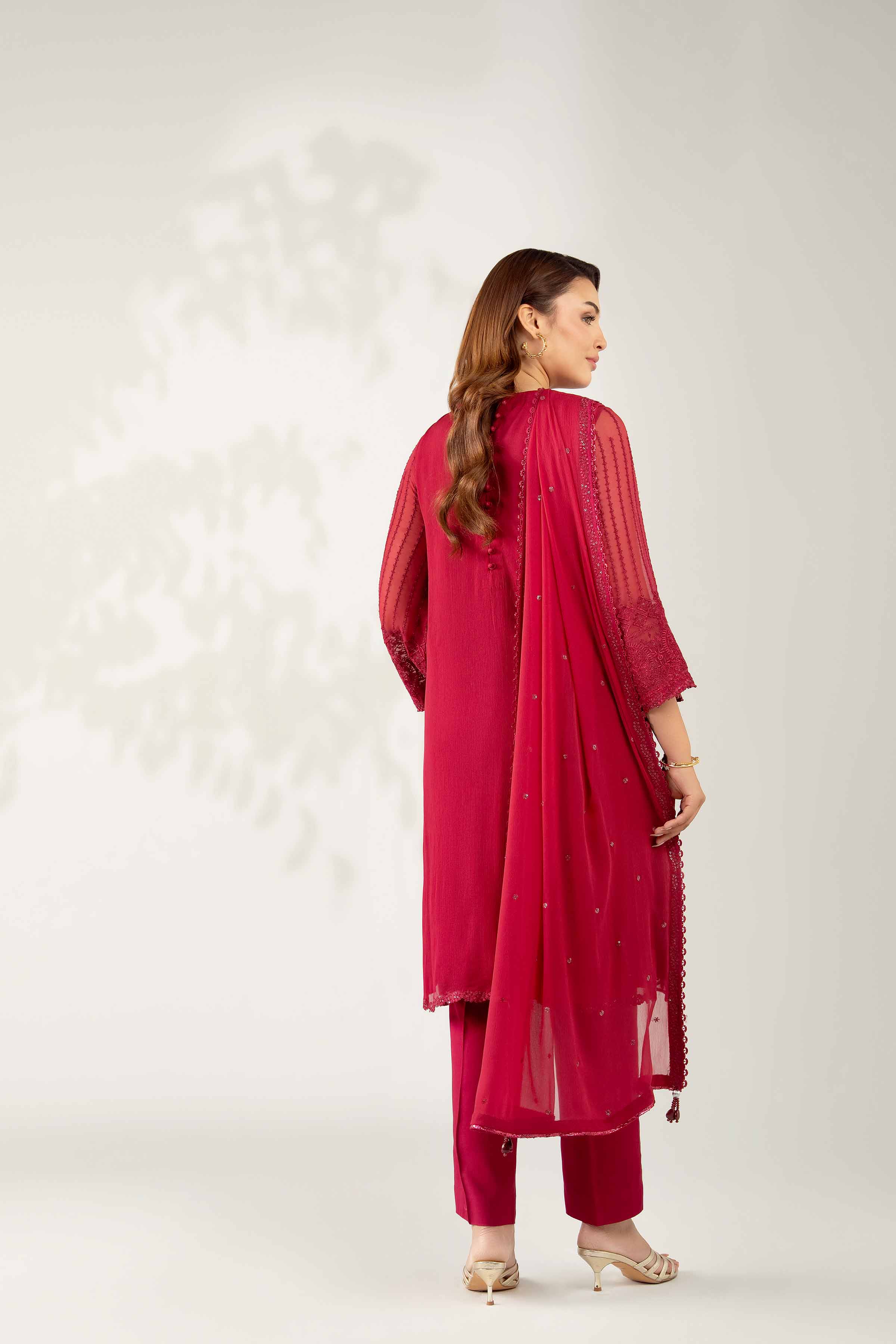 NISHATUAE - Burgundy Embroidered Chiffon 3-piece Unstitched Suit