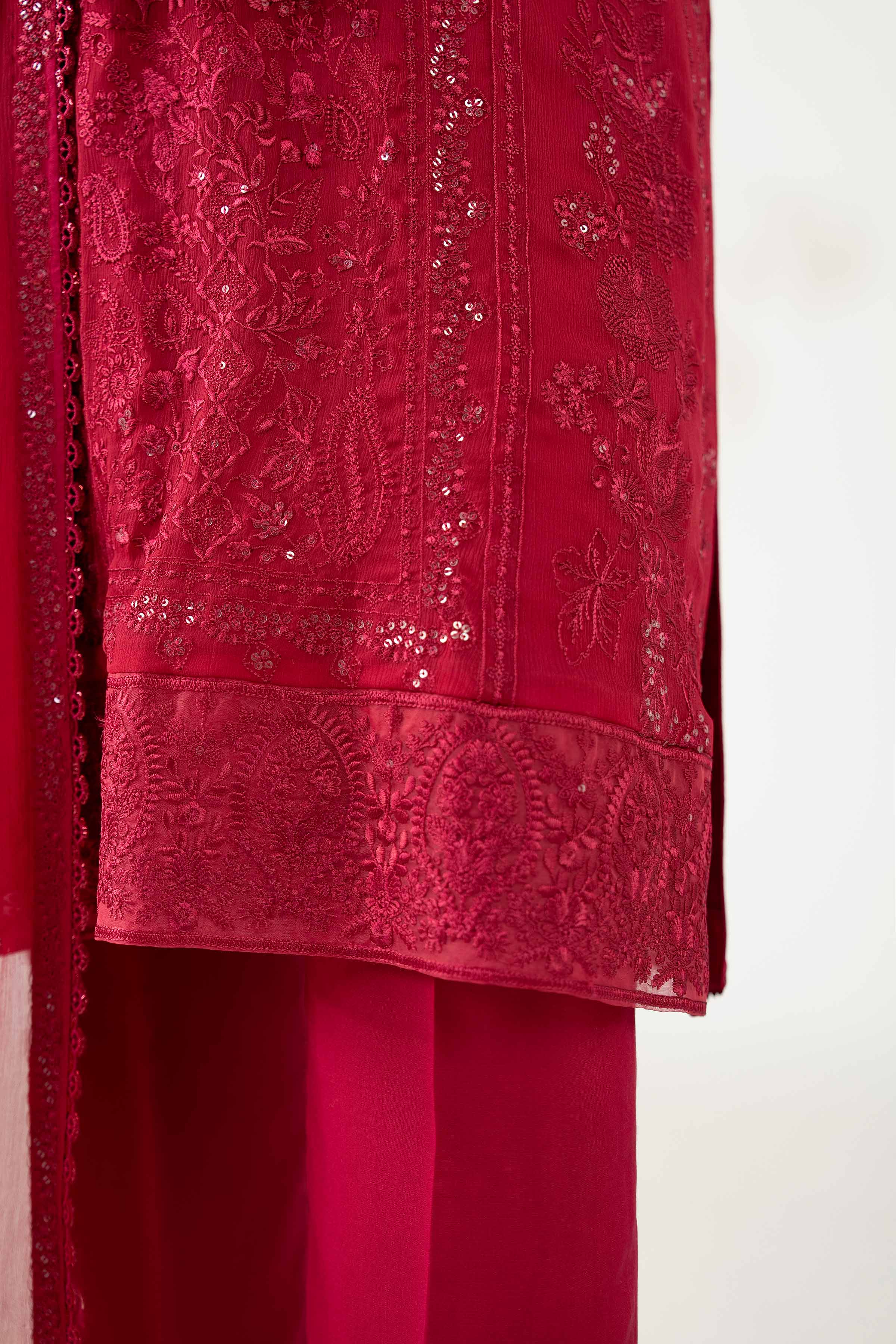 NISHATUAE - Burgundy Embroidered Chiffon 3-piece Unstitched Suit