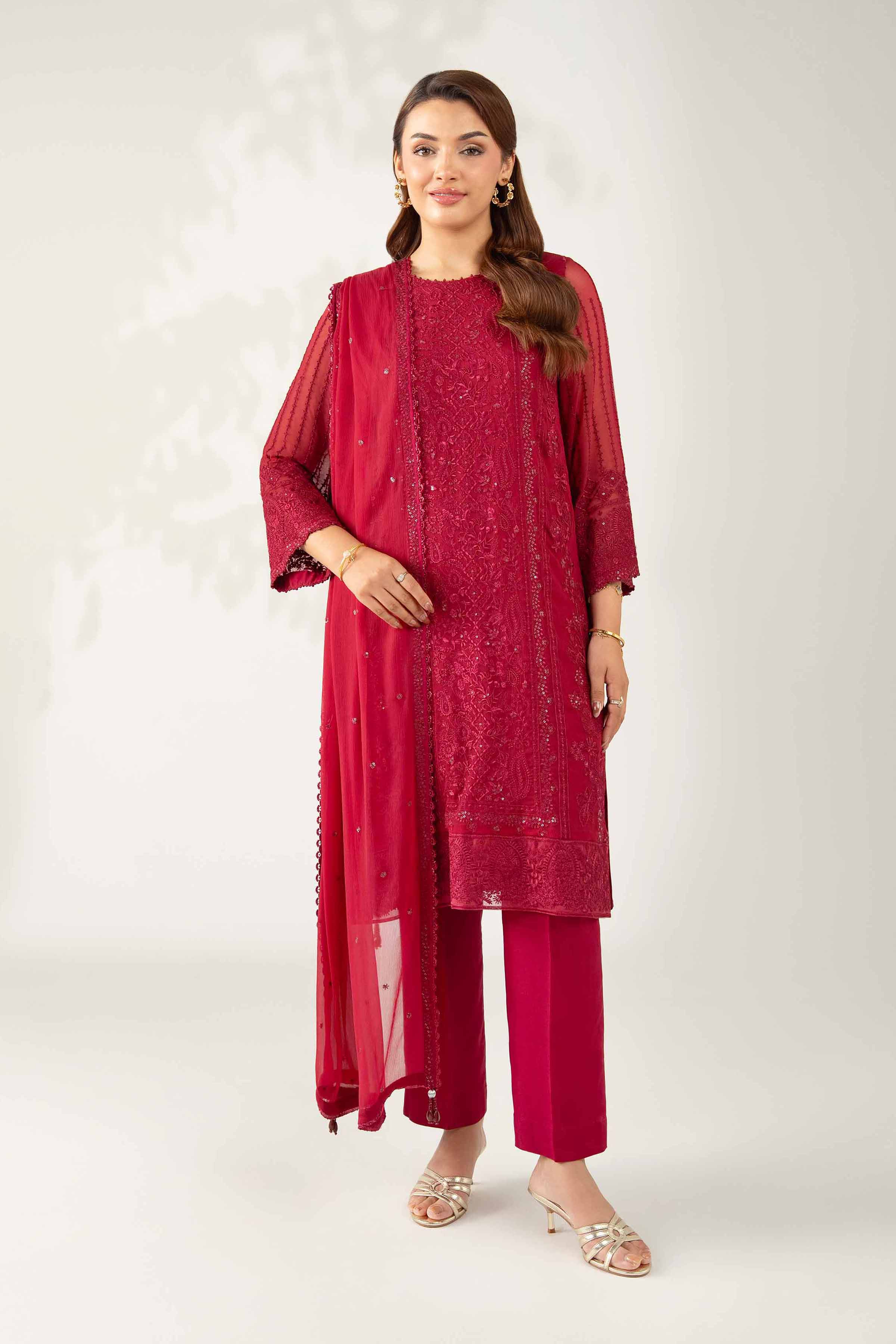NISHATUAE - Burgundy Embroidered Chiffon 3-piece Unstitched Suit