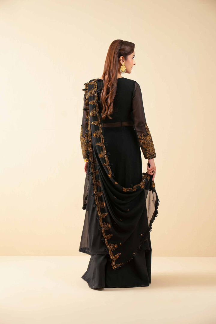 NISHATUAE - Black Embroidered Chiffon 3-piece Unstitched Suit