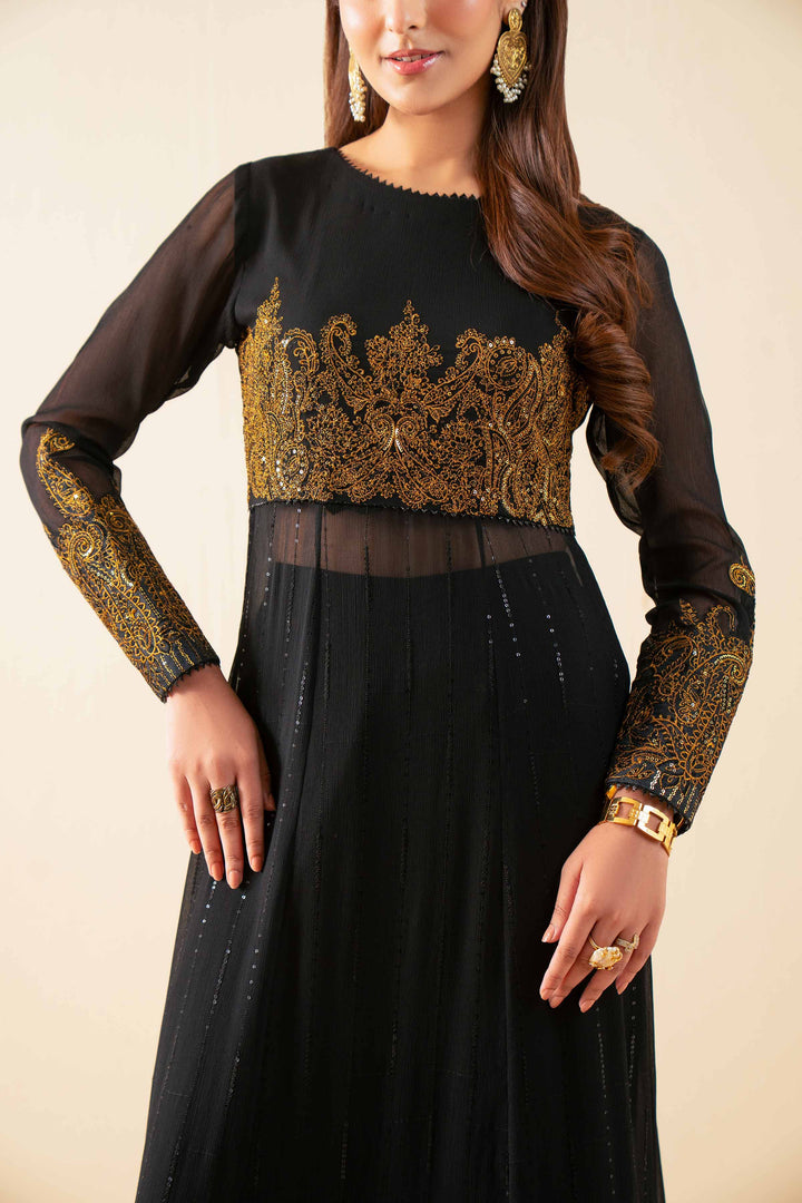 NISHATUAE - Black Embroidered Chiffon 3-piece Unstitched Suit