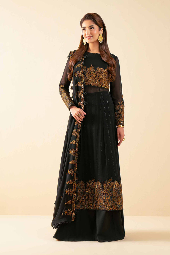 NISHATUAE - Black Embroidered Chiffon 3-piece Unstitched Suit