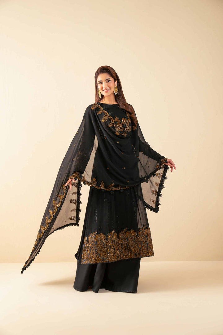 NISHATUAE - Black Embroidered Chiffon 3-piece Unstitched Suit
