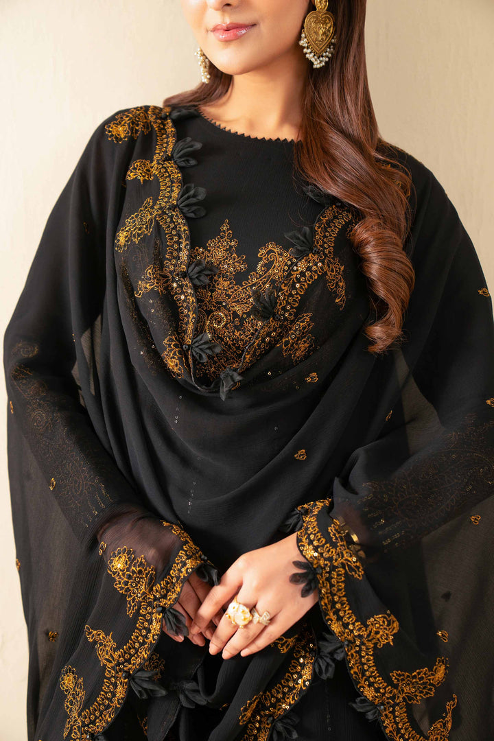 NISHATUAE - Black Embroidered Chiffon 3-piece Unstitched Suit