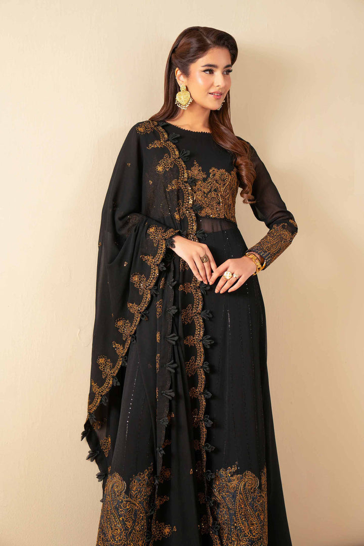 NISHATUAE - Black Embroidered Chiffon 3-piece Unstitched Suit