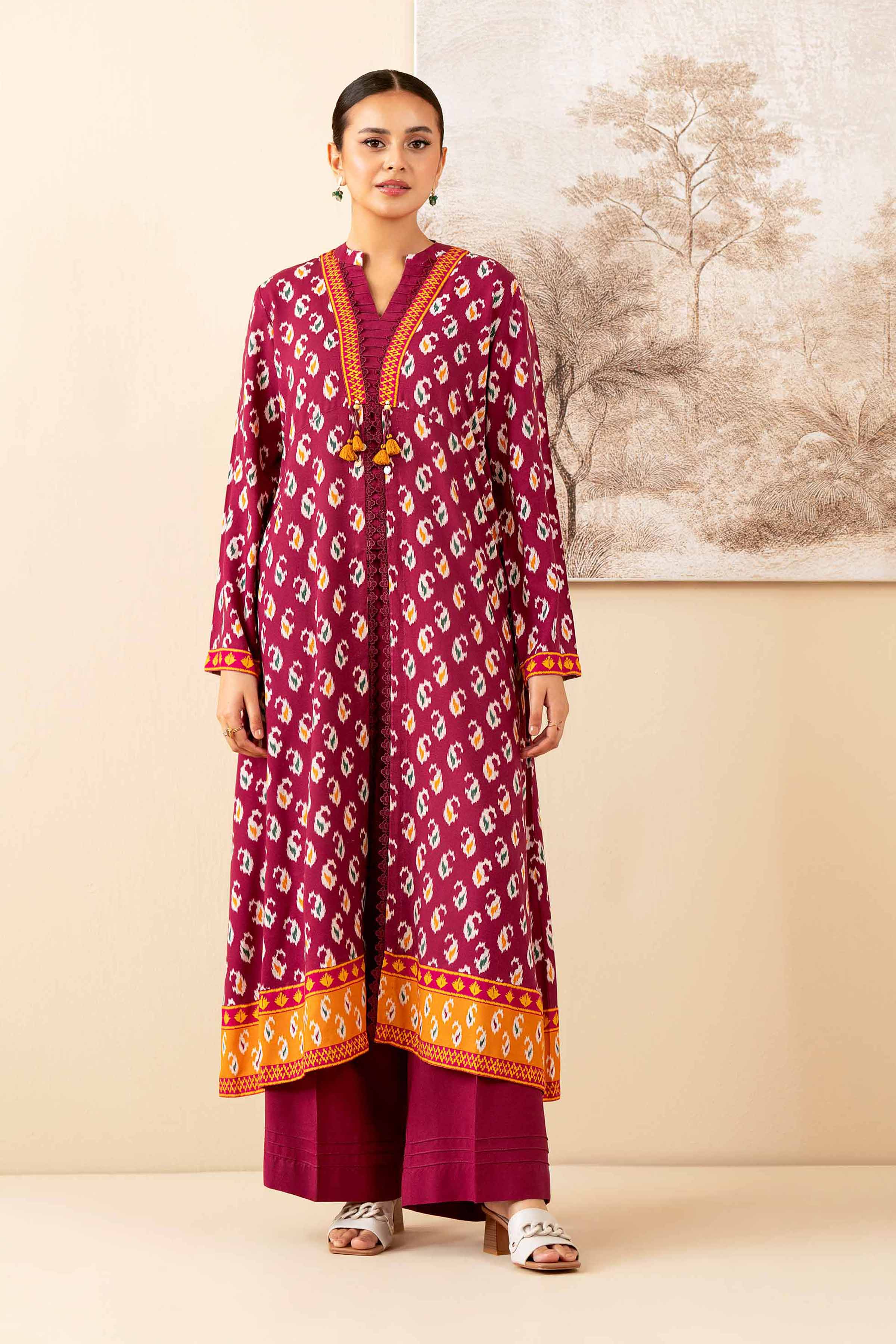 NISHATUAE - Burgundy Printed Linen 2-piece Unstitched Dress