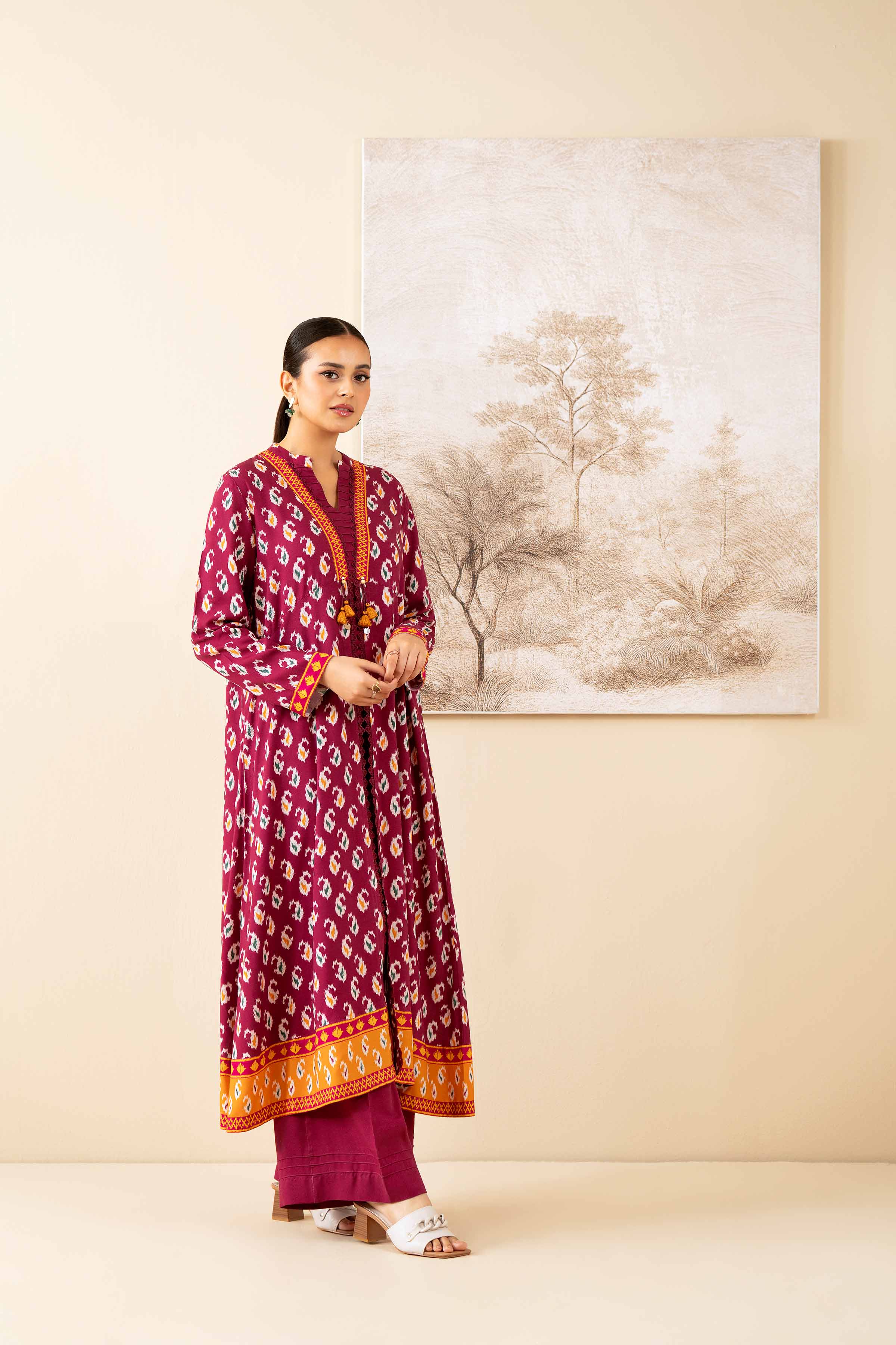 NISHATUAE - Burgundy Printed Linen 2-piece Unstitched Dress