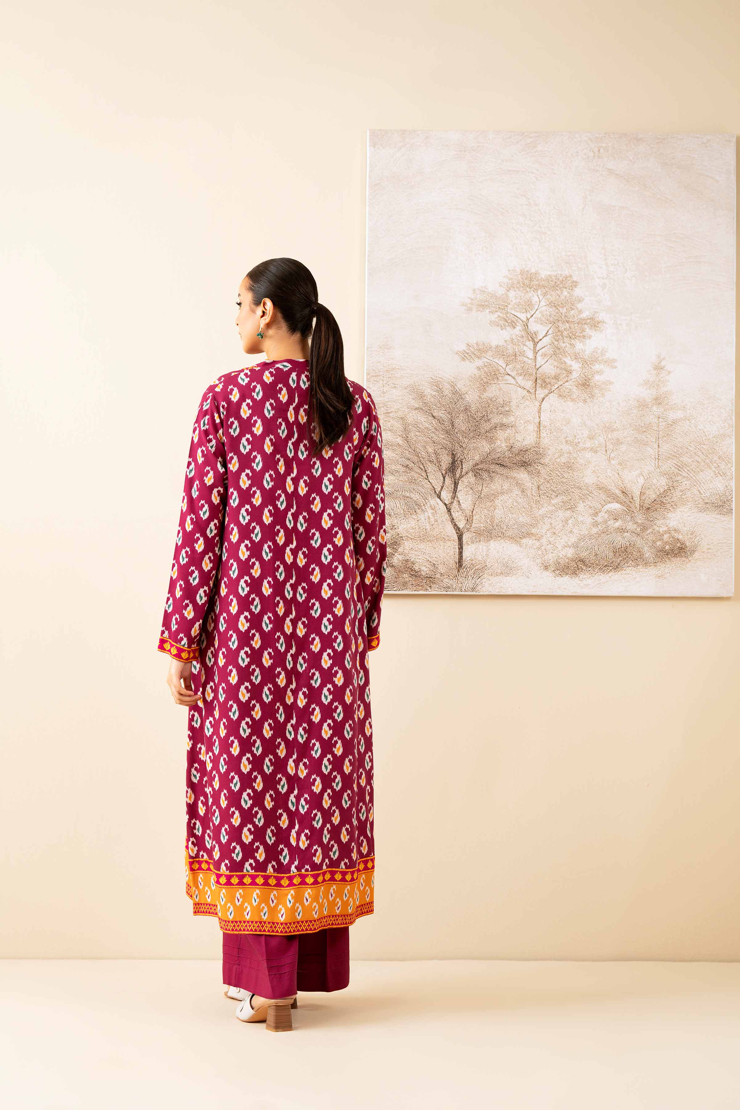 NISHATUAE - Burgundy Printed Linen 2-piece Unstitched Dress