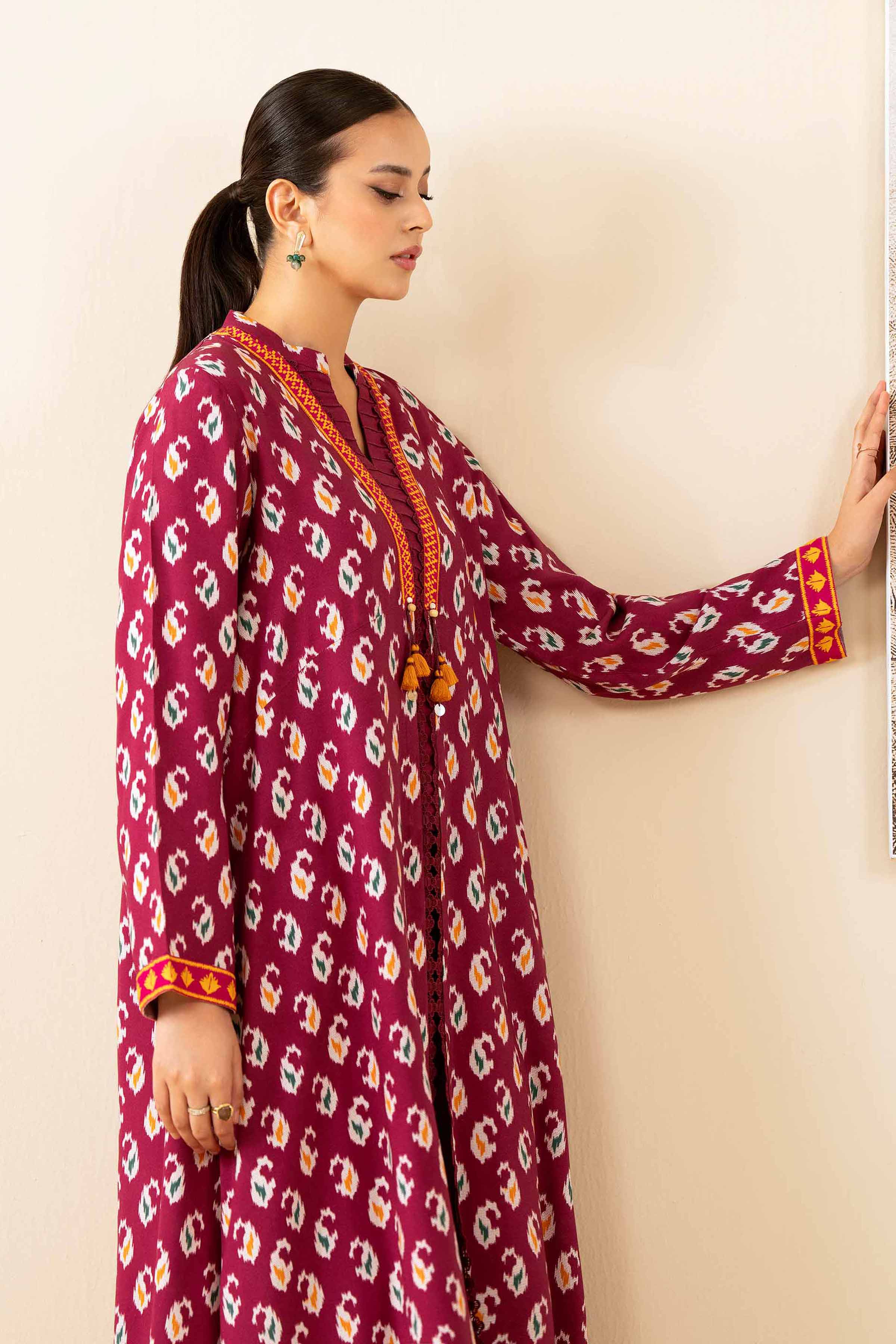 NISHATUAE - Burgundy Printed Linen 2-piece Unstitched Dress