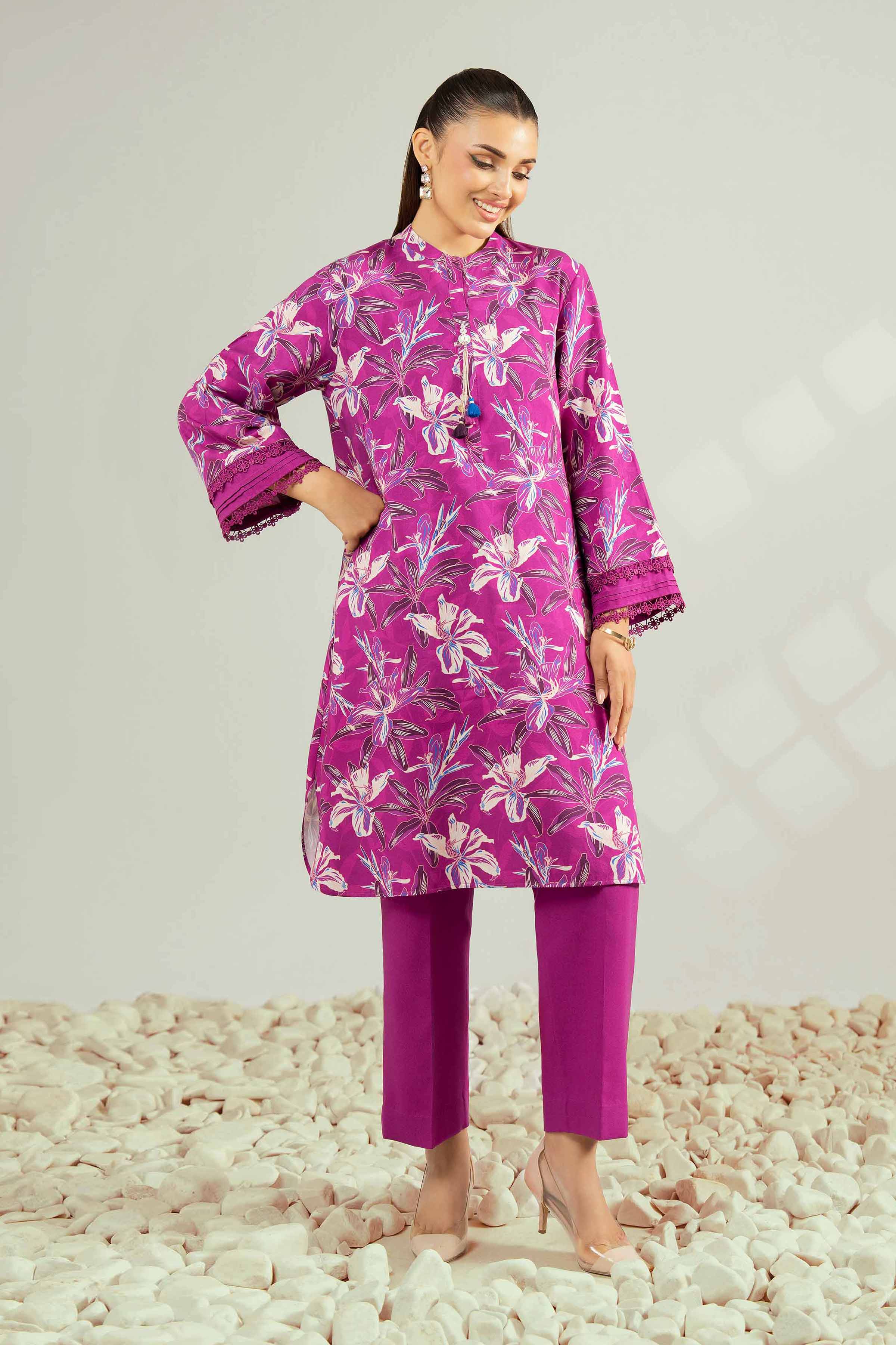 NISHATUAE - Magenta Printed Linen 2-piece Unstitched Dress