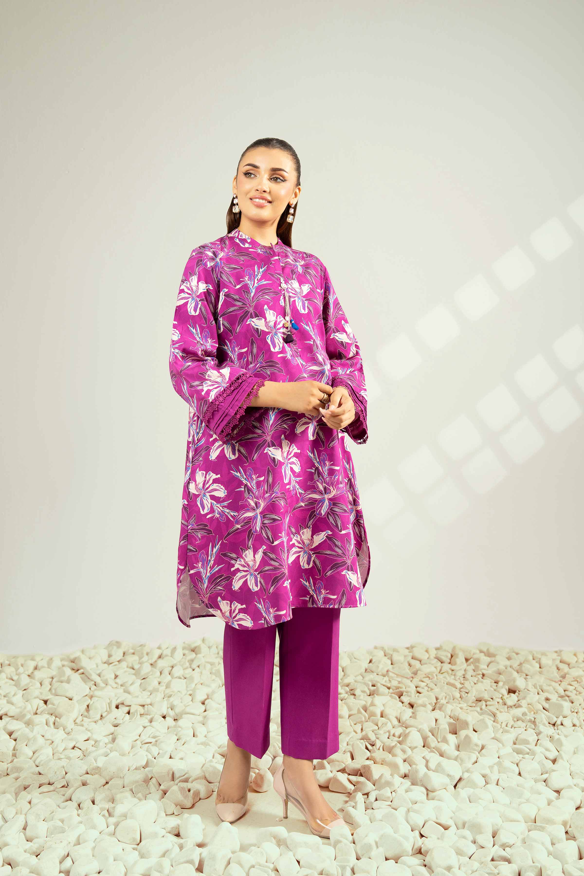 NISHATUAE - Magenta Printed Linen 2-piece Unstitched Dress