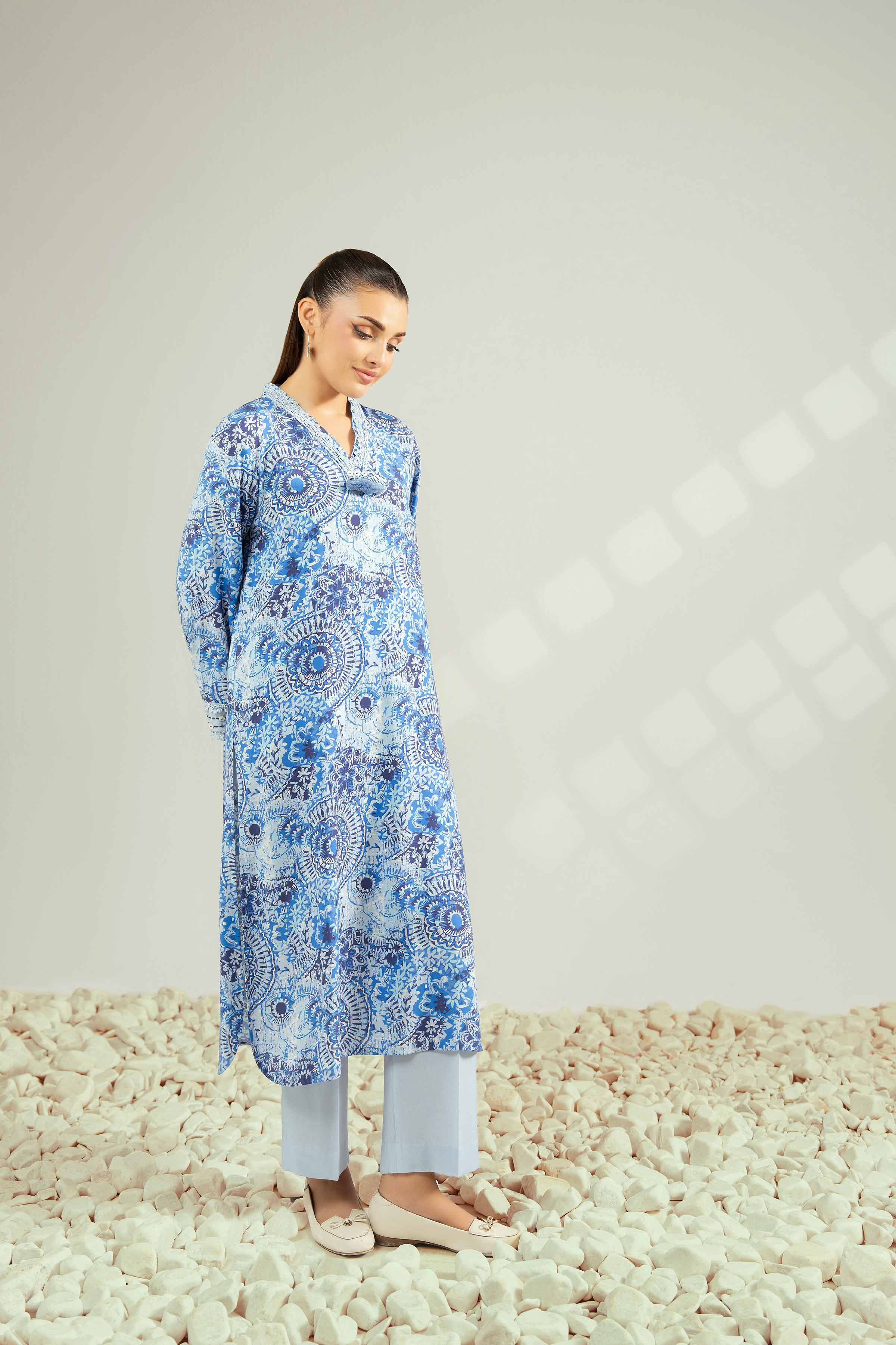 NISHATUAE - Blue Printed Linen 2-piece Unstitched Dress