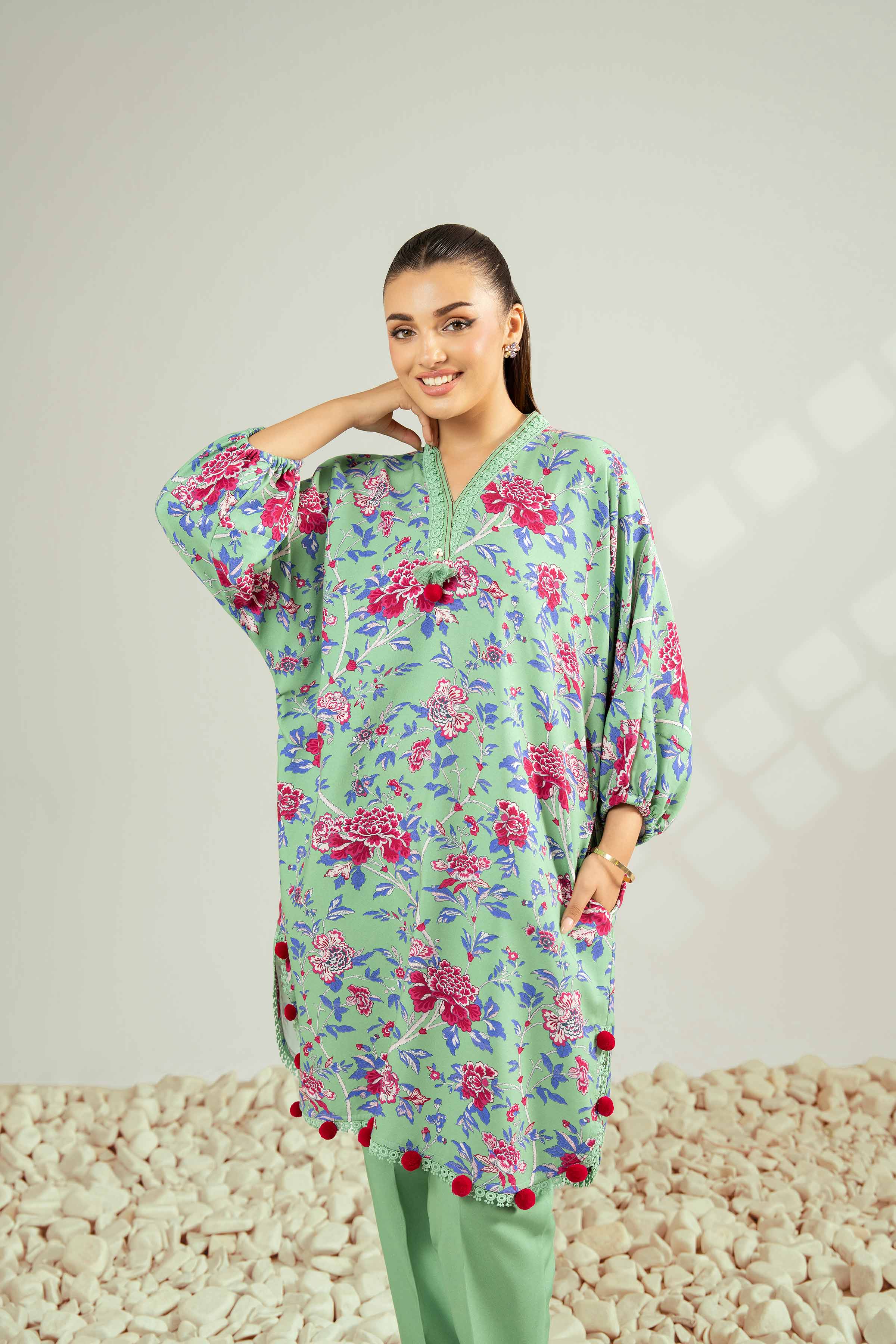 NISHATUAE - Green Printed Linen 2-piece Unstitched Dress
