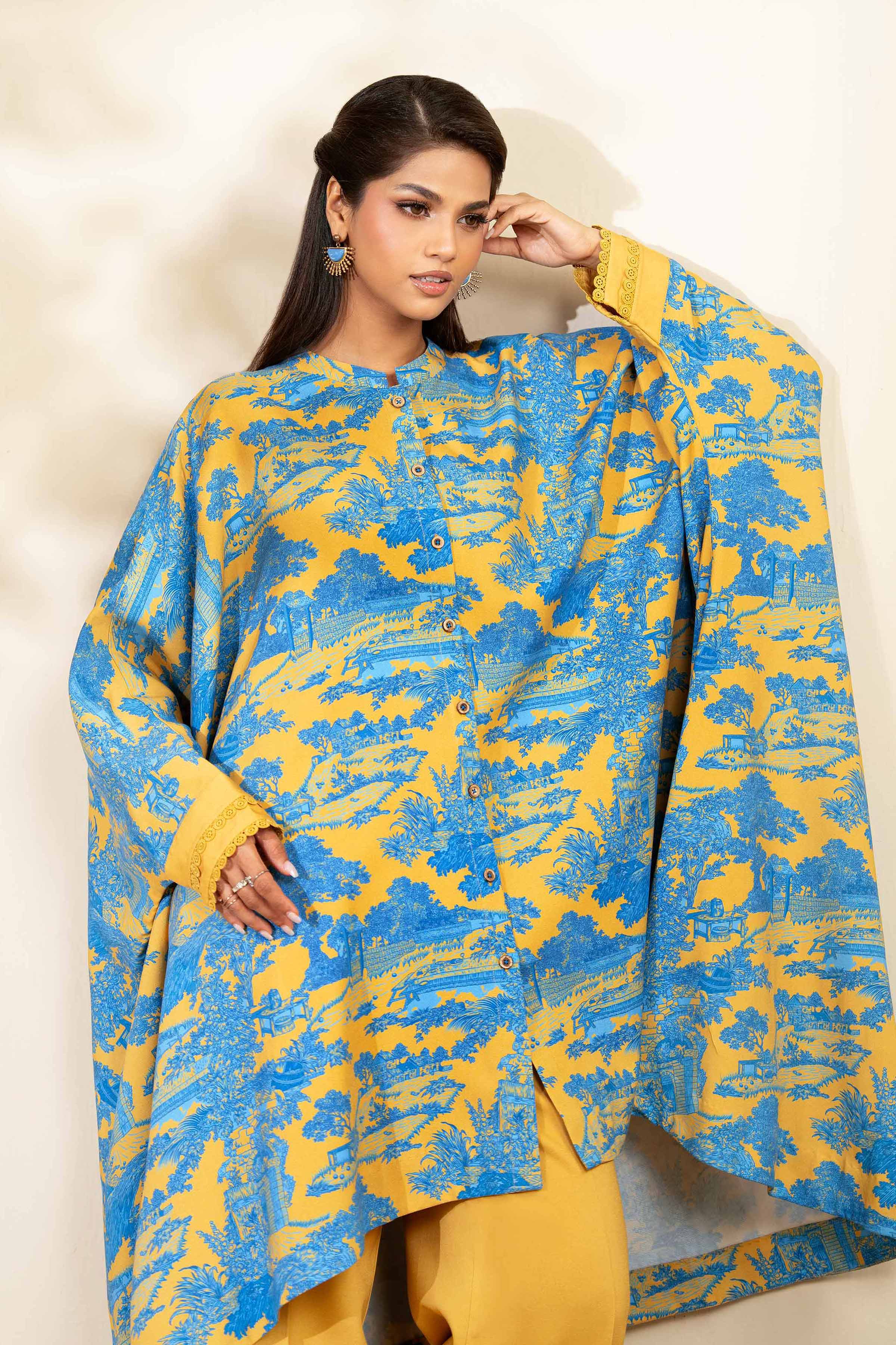 NISHATUAE - Blue Printed Linen 2-piece Unstitched Dress