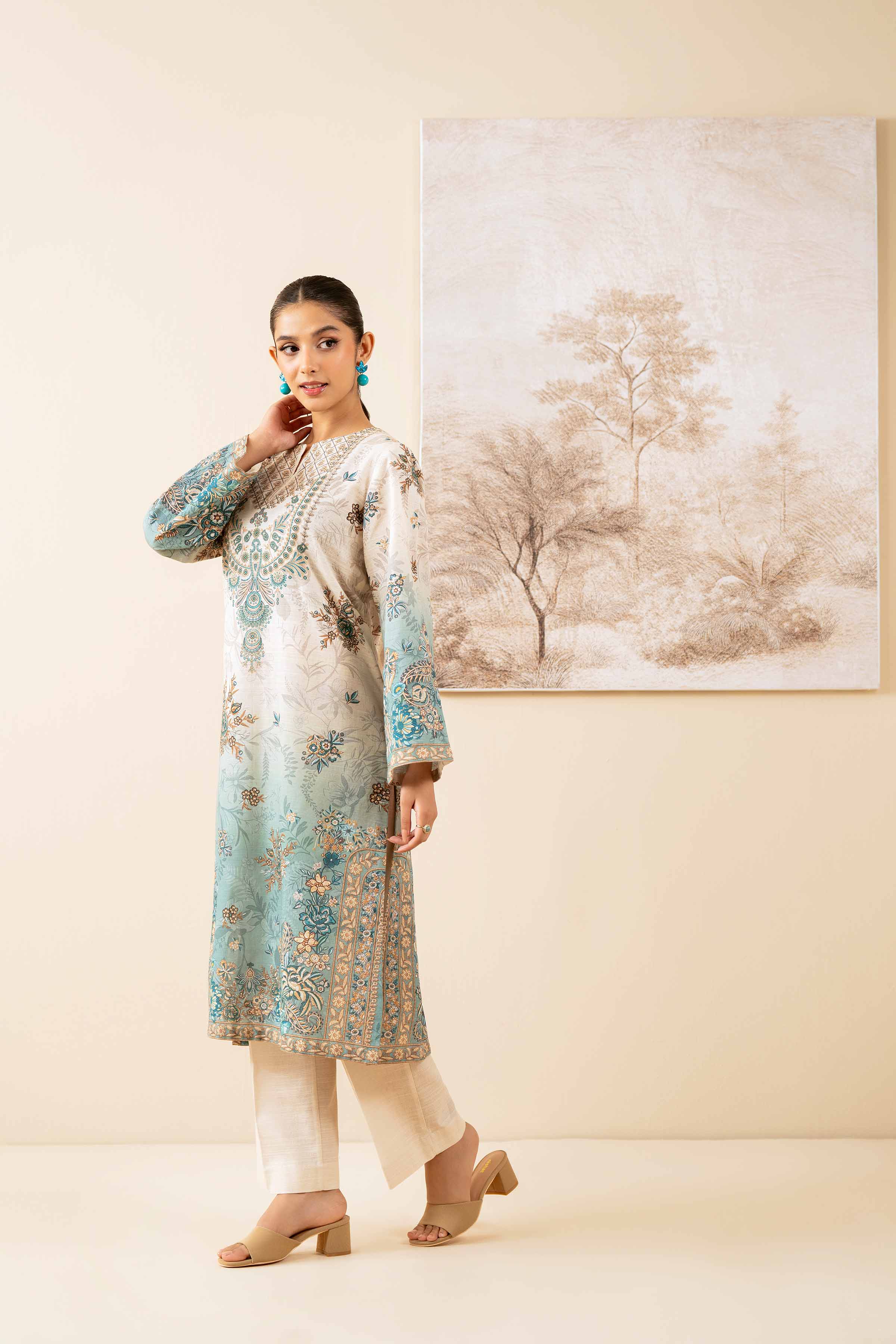 NISHATUAE - Cream Printed Khaddar 2-piece Unstitched Dress