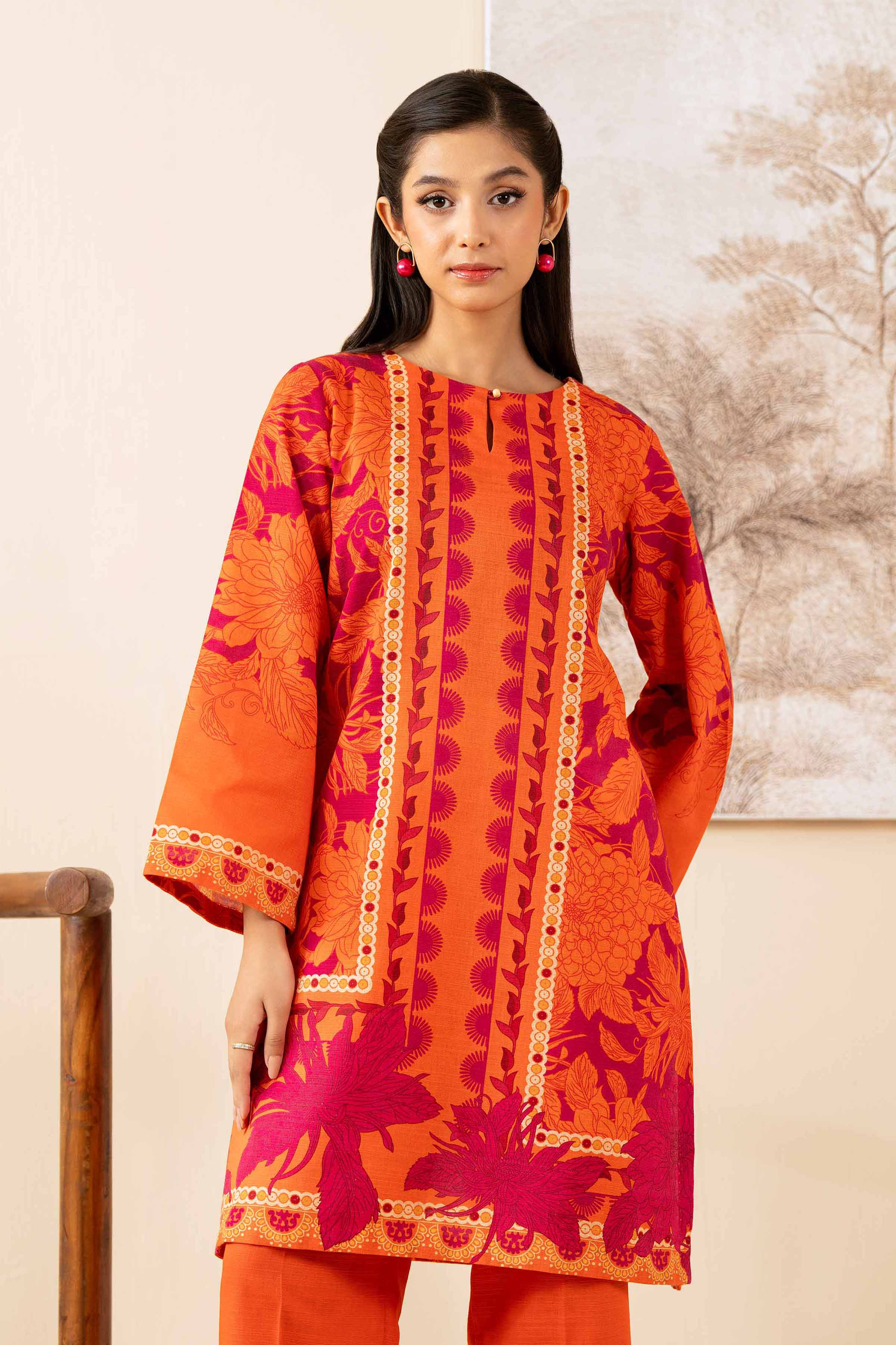 NISHATUAE - Orange Printed Khaddar 2-piece Unstitched Dress