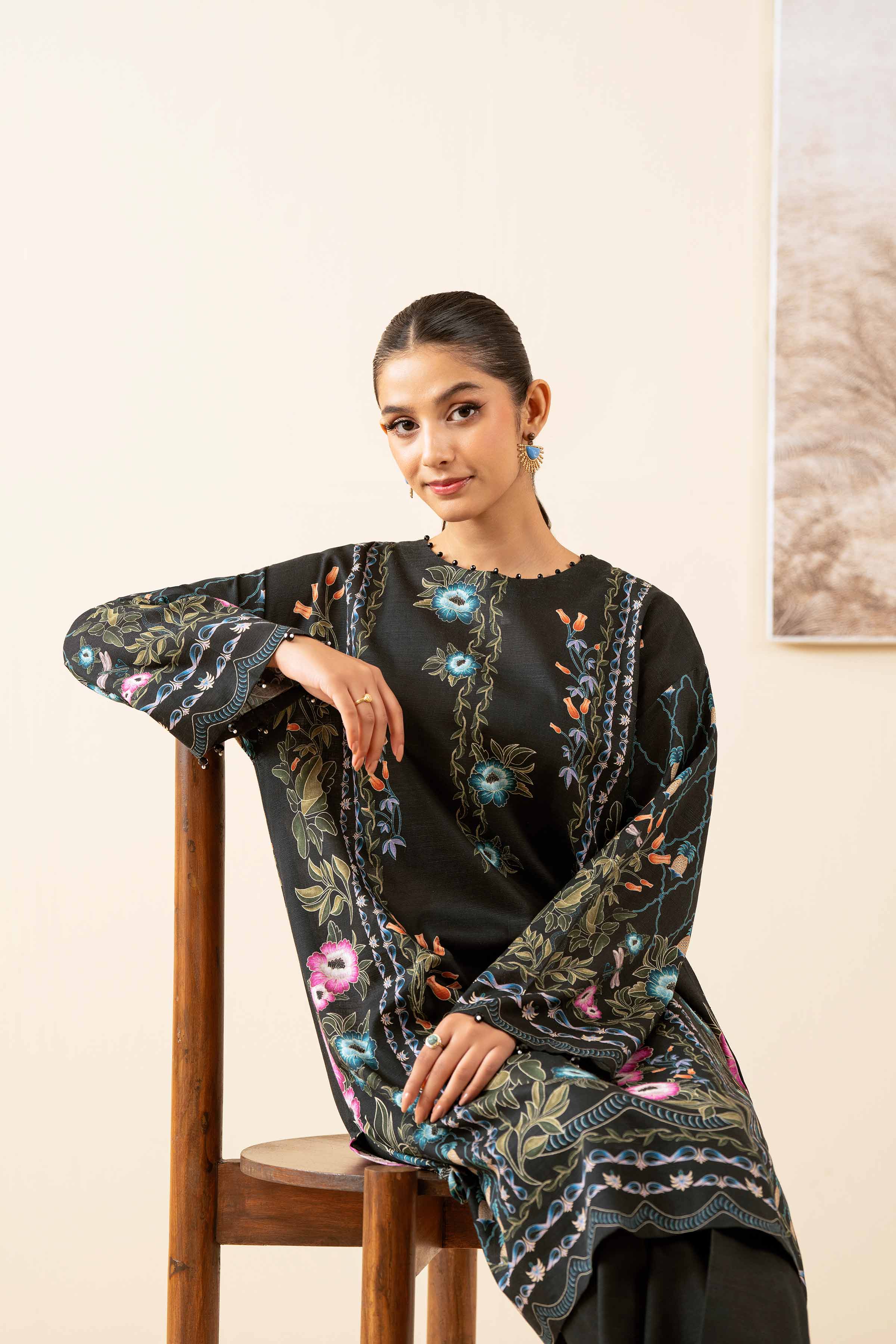 NISHATUAE - Black Printed Khaddar 2-piece Unstitched Dress